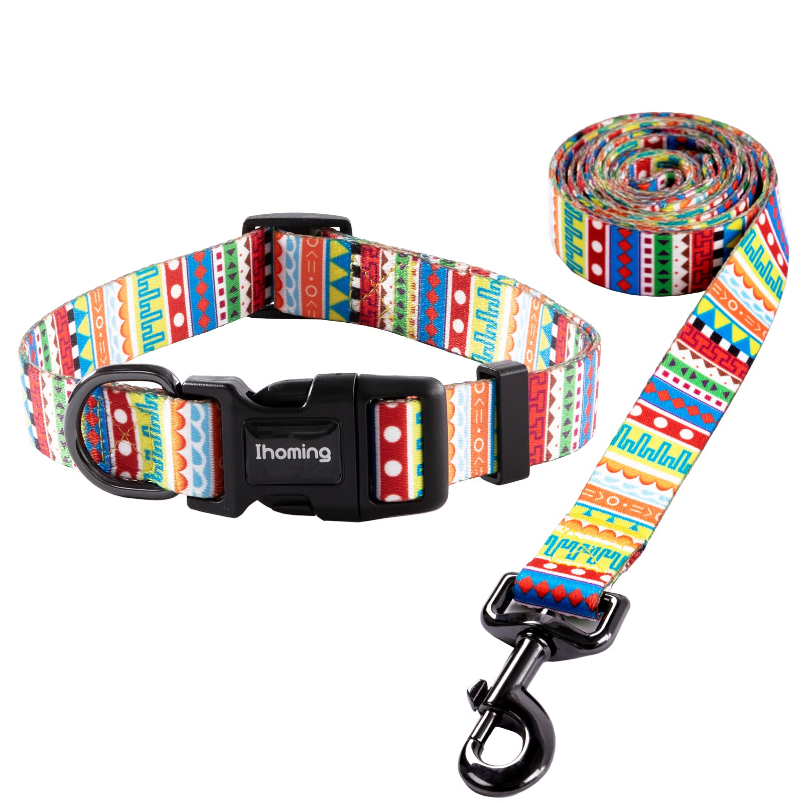 Ihoming Bohemian Style Dog Collar and Leash Set - Adjustable Pet Collar for Medium Dogs Up to 45LBS - Warm-Toned Design for Daily Walking, Running & Training - Perfect for Outdoor Adventures with Your Boy or Girl Dog (Also Suitable for Cats)