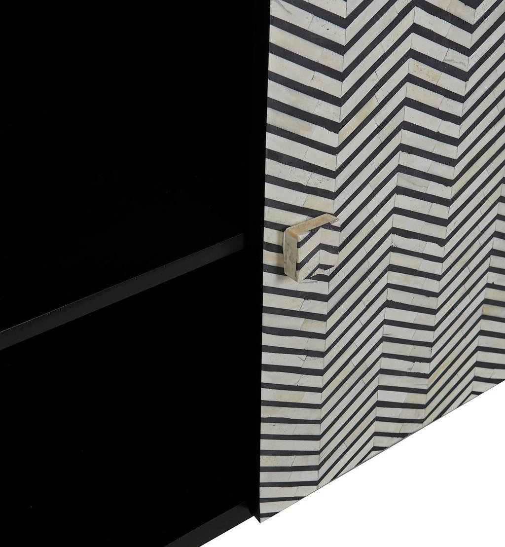 Handmade Bone Inlay Sideboard with Iron Legs - Handcrafted Thin Zig Zag Pattern Credenza Cabinet for Living Room, Dining Room & Bedroom Storage