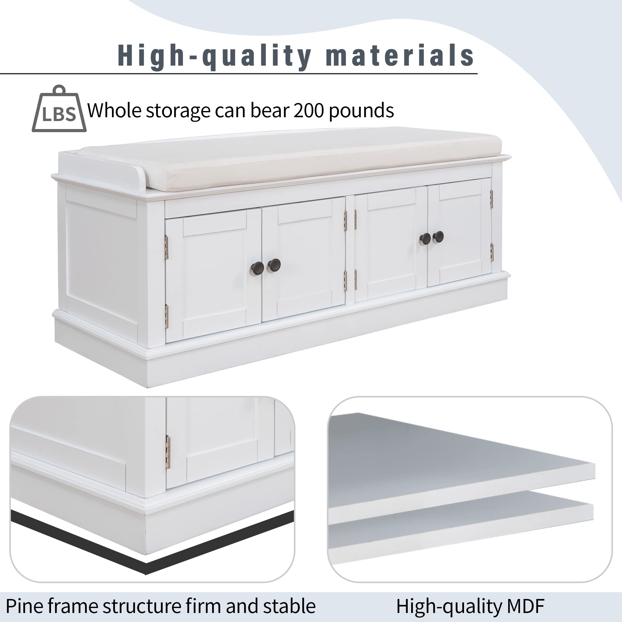 RUNNA White Wooden Storage Bench with 4 Doors & Adjustable Shelves - Entryway Shoe Organizer, Ottoman Cabinet with Removable Cushion for Hallway, Living Room, Bedroom - Perfect for Small Space Organization & Entryway Seating