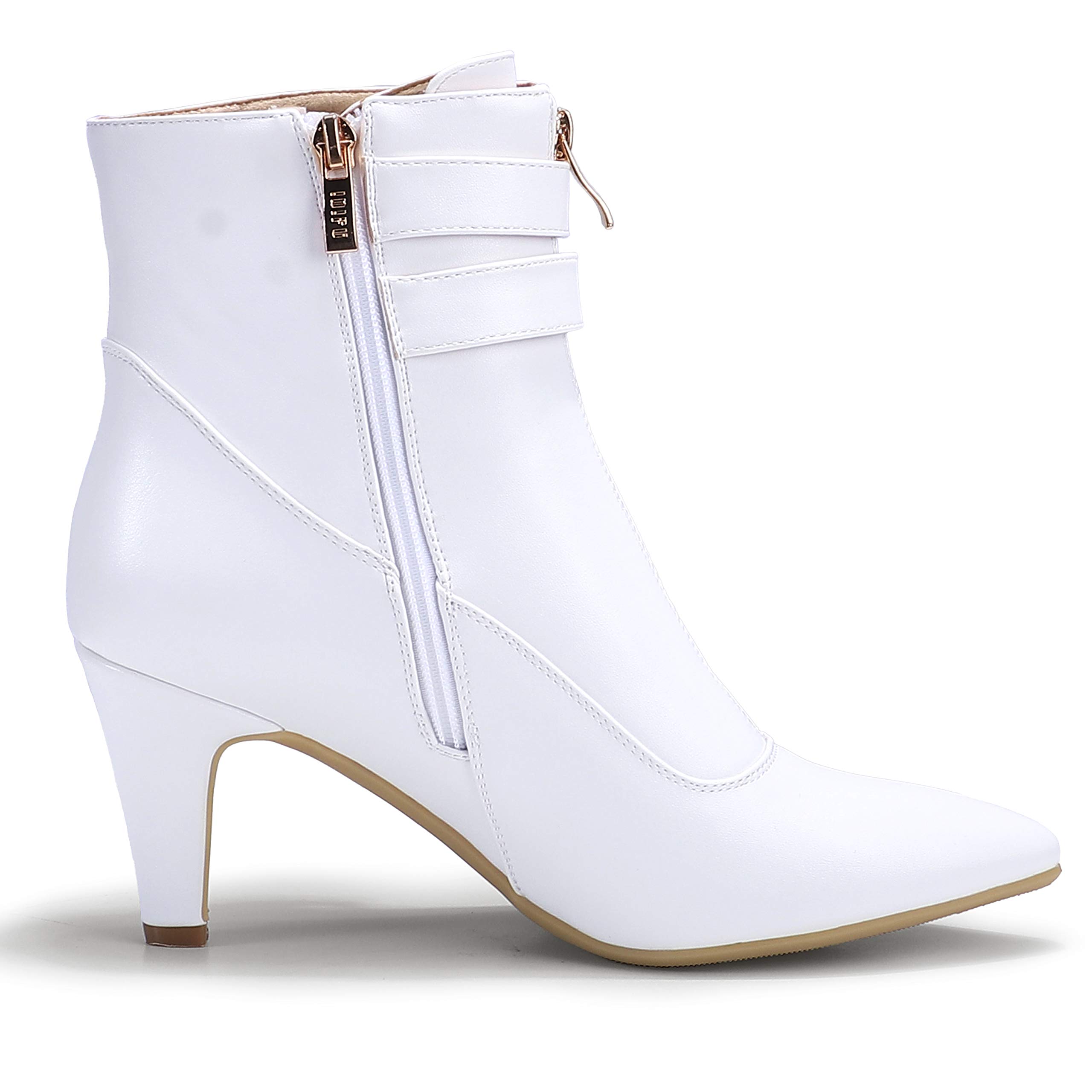 IDIFU Women's 3 Inch Heel Pointed Toe Ankle Boots with Buckle Strap & Side Zipper - Stylish Dress Booties for Jeans, Office, Party & Fall Fashion