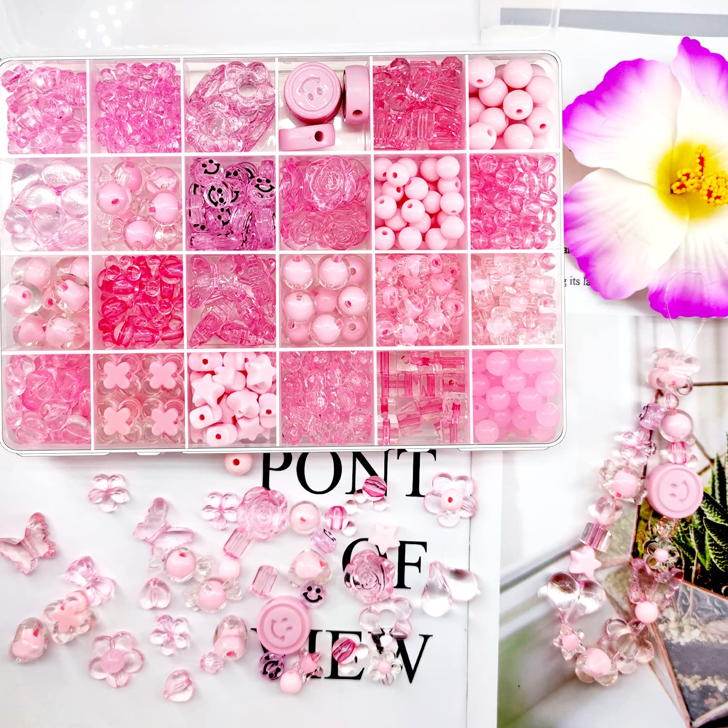 465Pcs Pink Acrylic Beads Assortment - Flowers, Hearts, Stars, Smile, Butterflies, Mickey - Pastel Plastic Beads for DIY Jewelry Making, Bracelets, Necklaces - Perfect for Kids Crafts, Party Favors & Gift Decorations