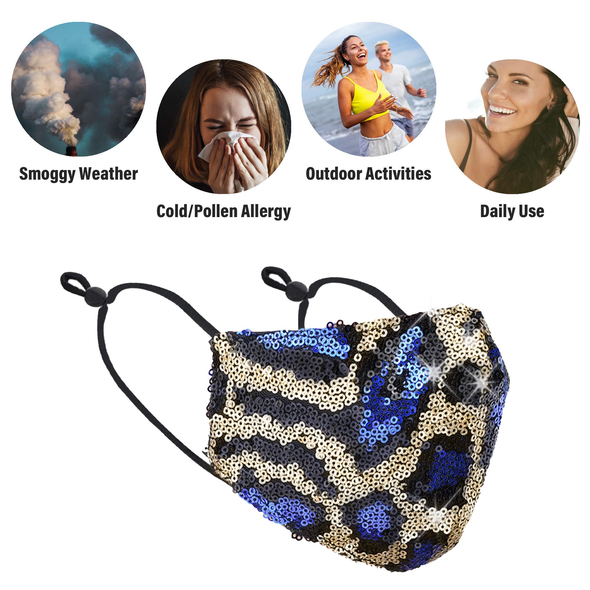 Blue Animal Print Shiny Sequin Fashion Face Mask - Reusable Glamorous Party Accessory for Halloween, Cosplay, and Special Events