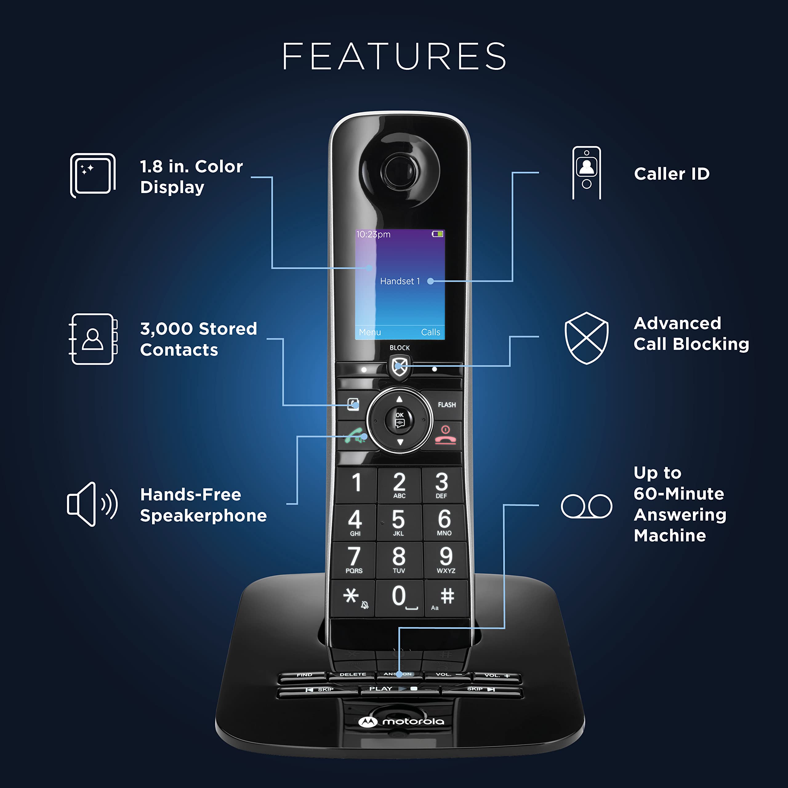 Motorola D8713 Cordless Phone System with 3 Digital Handsets, Bluetooth Connectivity, Caller ID, Call Block & Answering Machine - Black | Ideal for Home & Small Business Office Use