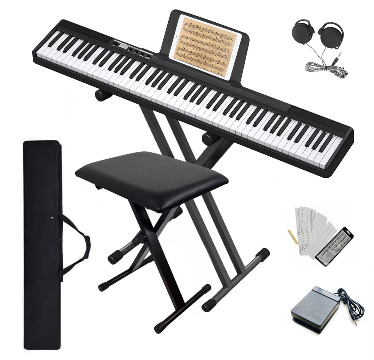 Longeye 88-Key Portable Digital Piano Set with Double-X Stand, Adjustable Bench, Carrying Case, Sustain Pedal & Headphones - Perfect for Home Practice, Studio Recording & Live Performances (Black)