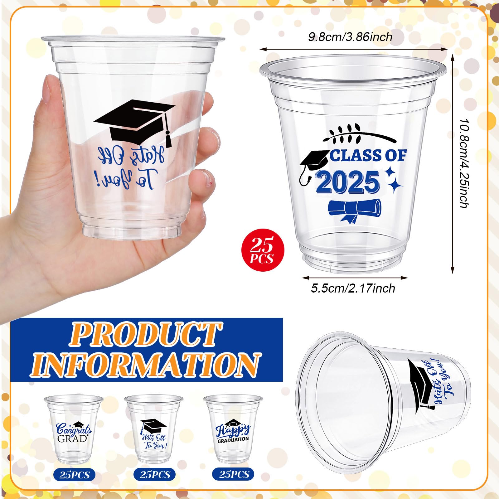 Eaasty 100-Pack 12oz Graduation Cups 2025 | Disposable Plastic Cups for Class of 2025 Graduation Party | Elegant Blue Tableware Decorations | Perfect for Grad Celebrations, School Events & Party Supplies