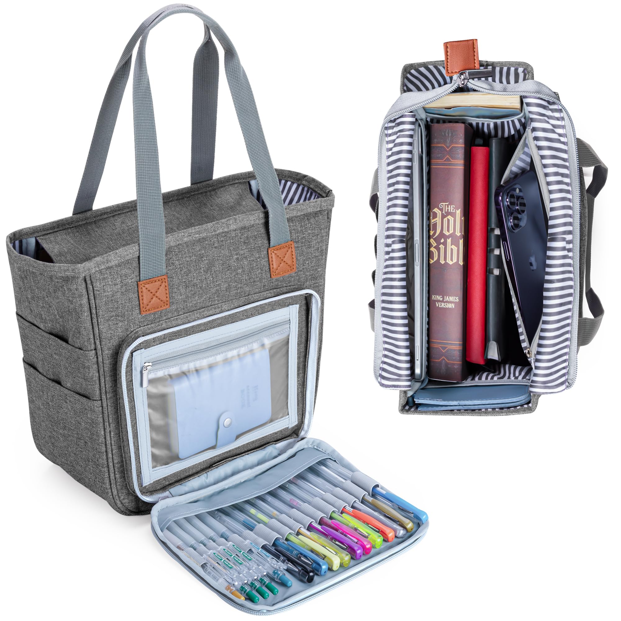 LUXJA Women's Bible Tote Bag with Multiple Pockets - Large Religious Book Carrier for Bible Study, Church & Travel - Gray