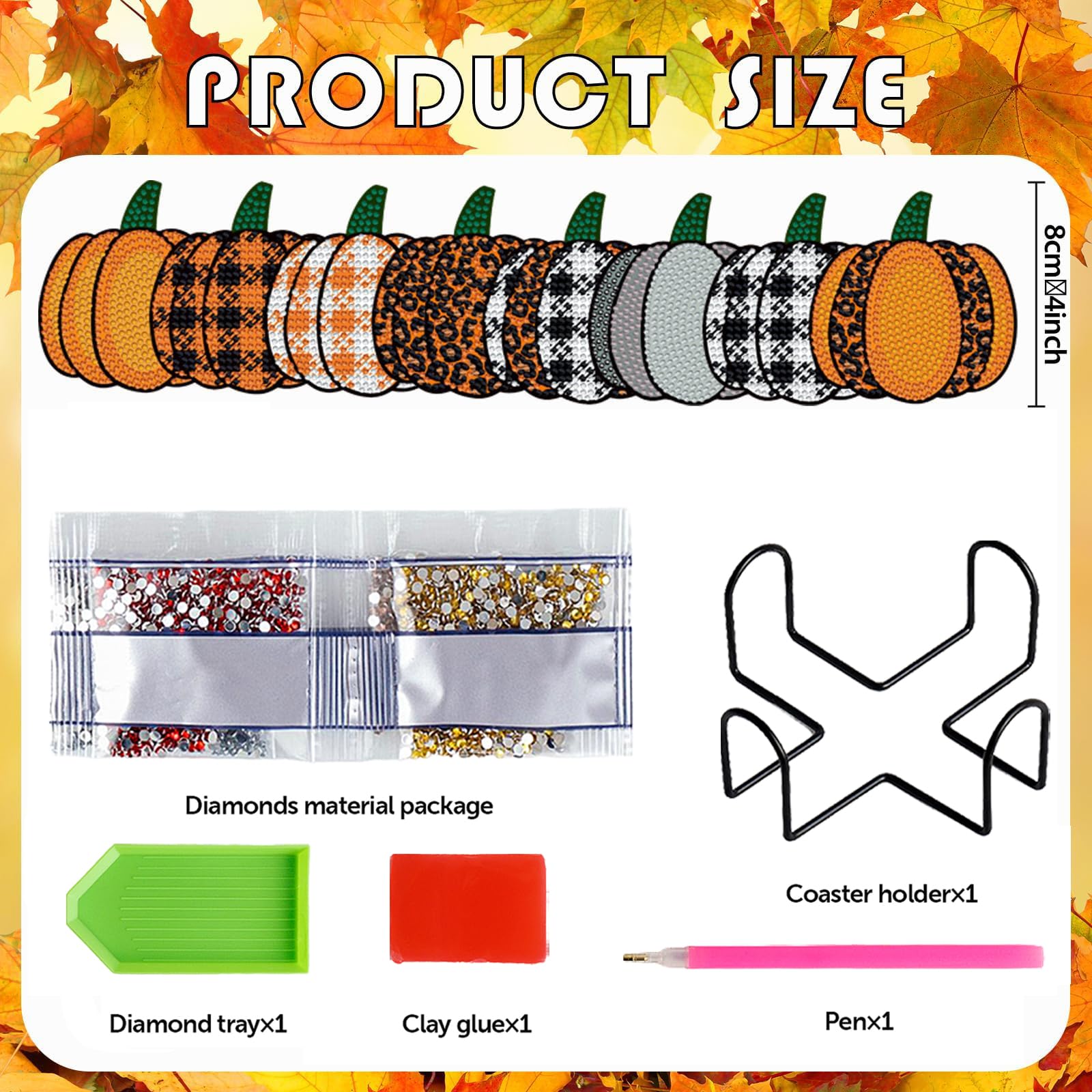 8-Piece Fall Plaid Pumpkin Diamond Coasters Set with Holder - DIY Cute Autumn Diamond Art Coasters - 5D Round Cup Coasters for Thanksgiving, Halloween, Home Decor & Holiday Gifts - Perfect for Coffee Tables, Dining Rooms & Seasonal Parties