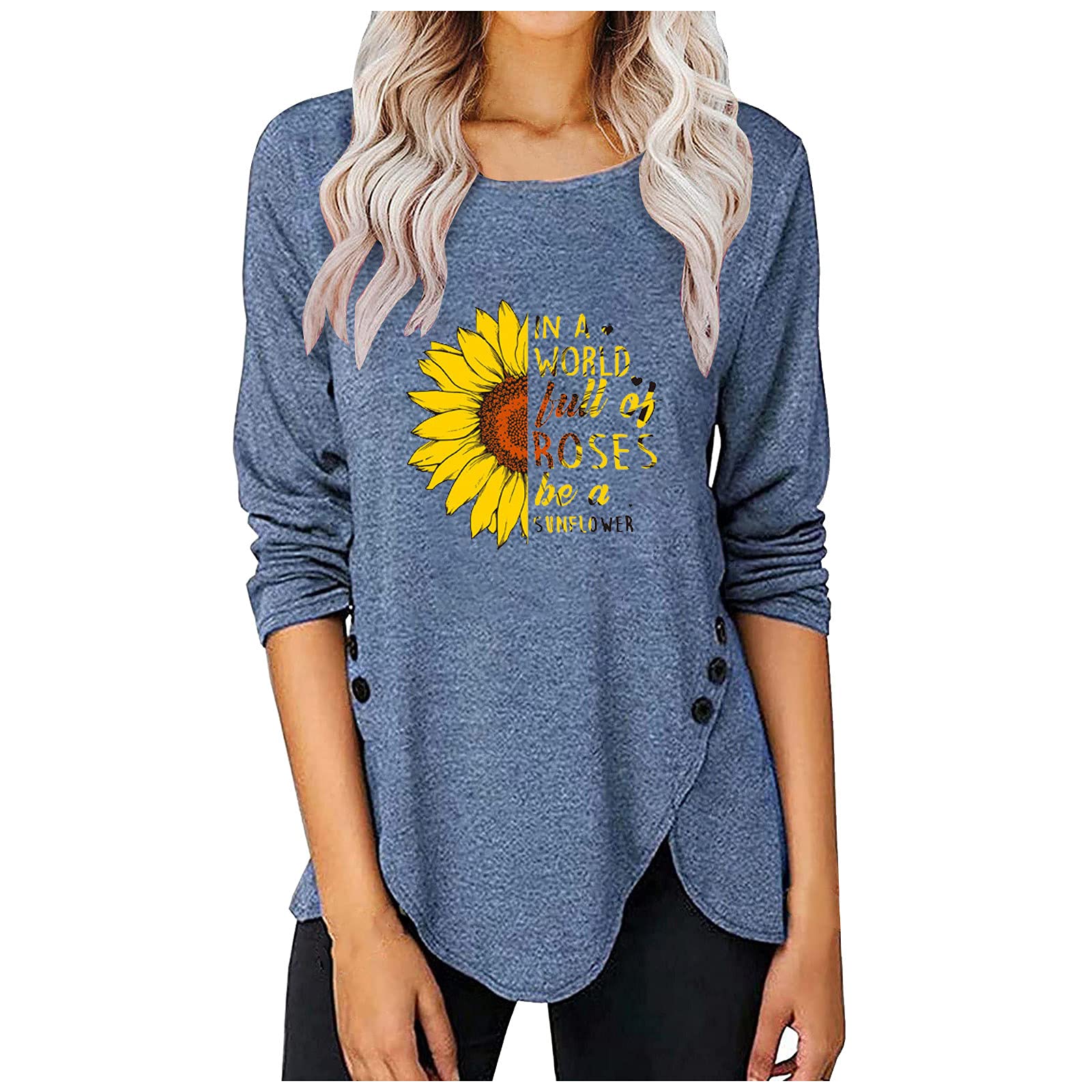 Plus Size Women's Floral Print Blouses - Henley Crew Neck Button Up Tunic Tops with Irregular Hem & Long Sleeve | Casual Wear, Office Outfits & Spring Fashion