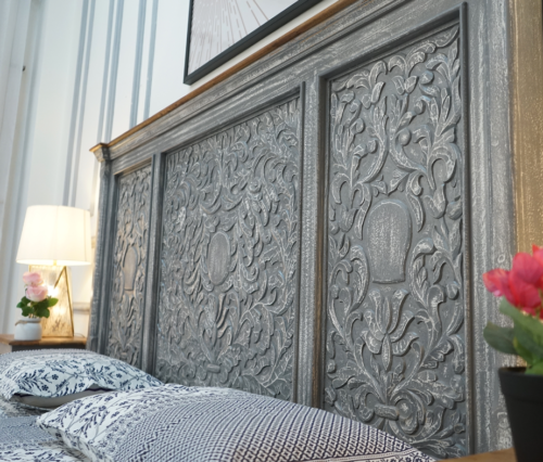 Hand Carved Indian Wooden King Size Storage Bed with Grey Whitewash Finish - Perfect for Master Bedroom, Guest Room, and Rustic Home Decor