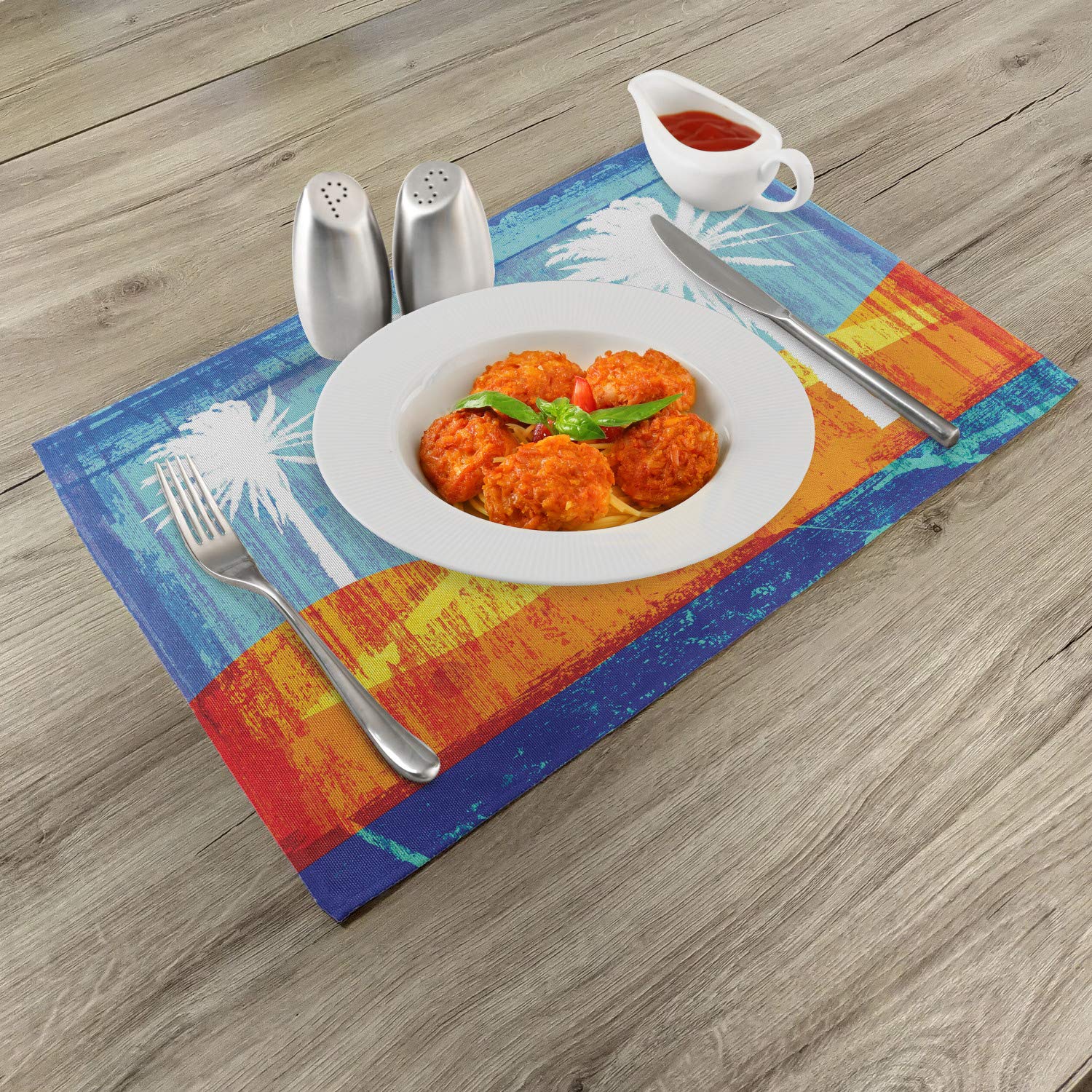 Ambesonne 4-Piece Burnt Orange Placemats Set - Modern Tropical Beach with Palm Trees Design, Washable Fabric Place Mats for Dining Table, Kitchen Decor in Orange, Blue & White | Perfect for Indoor & Outdoor Dining, Parties, and Home Decor