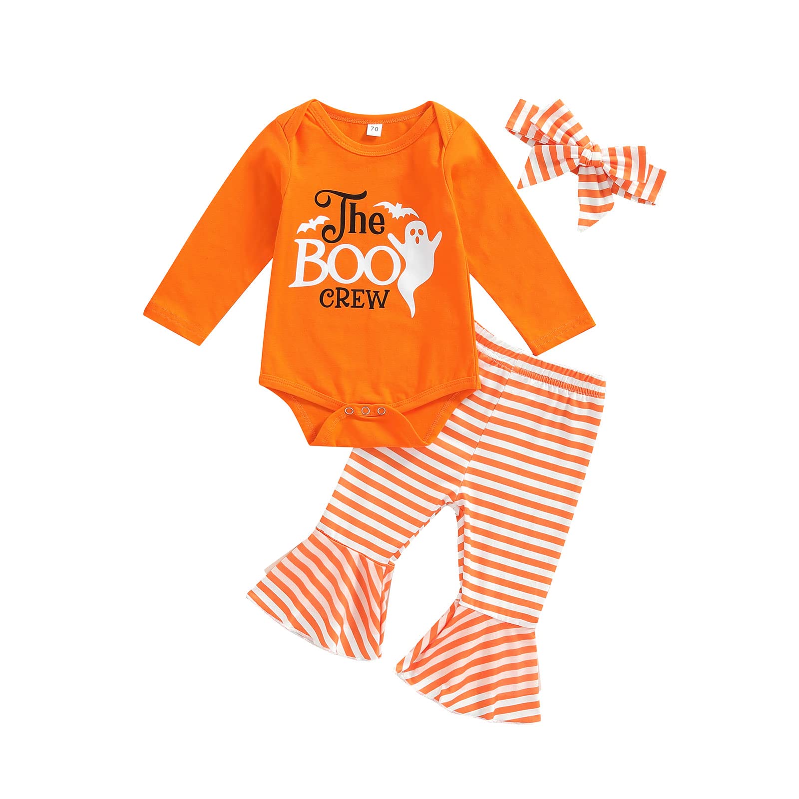3Pcs Baby Girl Halloween Outfit Set - Letter Print Long Sleeve Romper + Striped Pants + Headband - Cute Fall Winter Clothes for Infants & Toddlers - Perfect for Halloween Parties, Photo Shoots & Seasonal Outfits