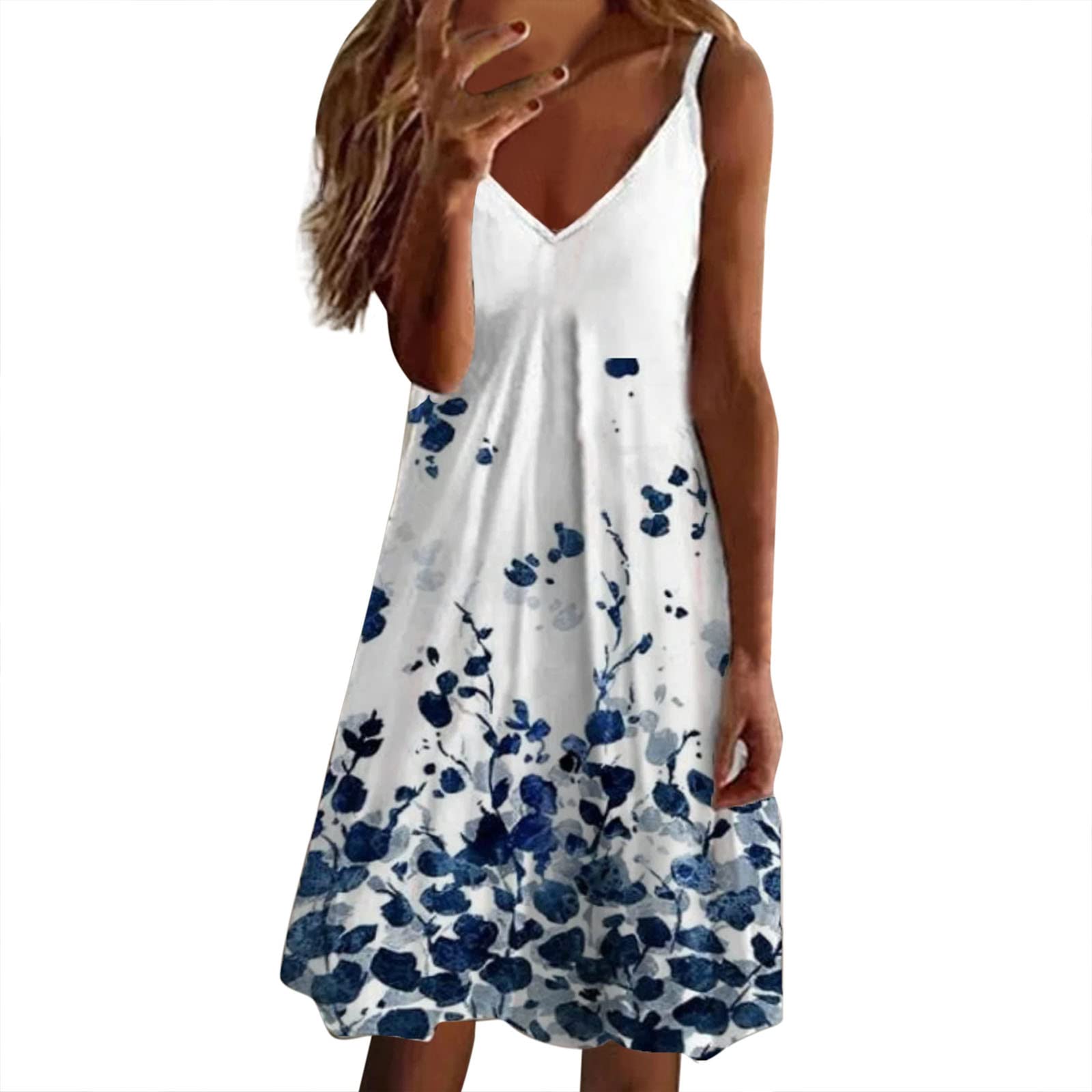 Vintage Floral Print Summer Beach Dress for Women - Sleeveless V-Neck Midi Dress with Casual Short Hem in Navy Blue | Perfect for Beach Vacations, Pool Parties & Summer Outings
