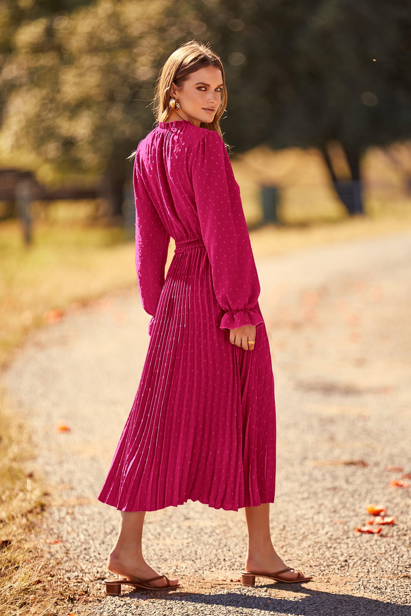 PRETTYGARDEN Women's Swiss Dot Pleated Midi Dress - Long Sleeve V-Neck A-Line Flowy Dress for Spring Fall 2025 | Casual Office Wear, Date Night & Special Occasions