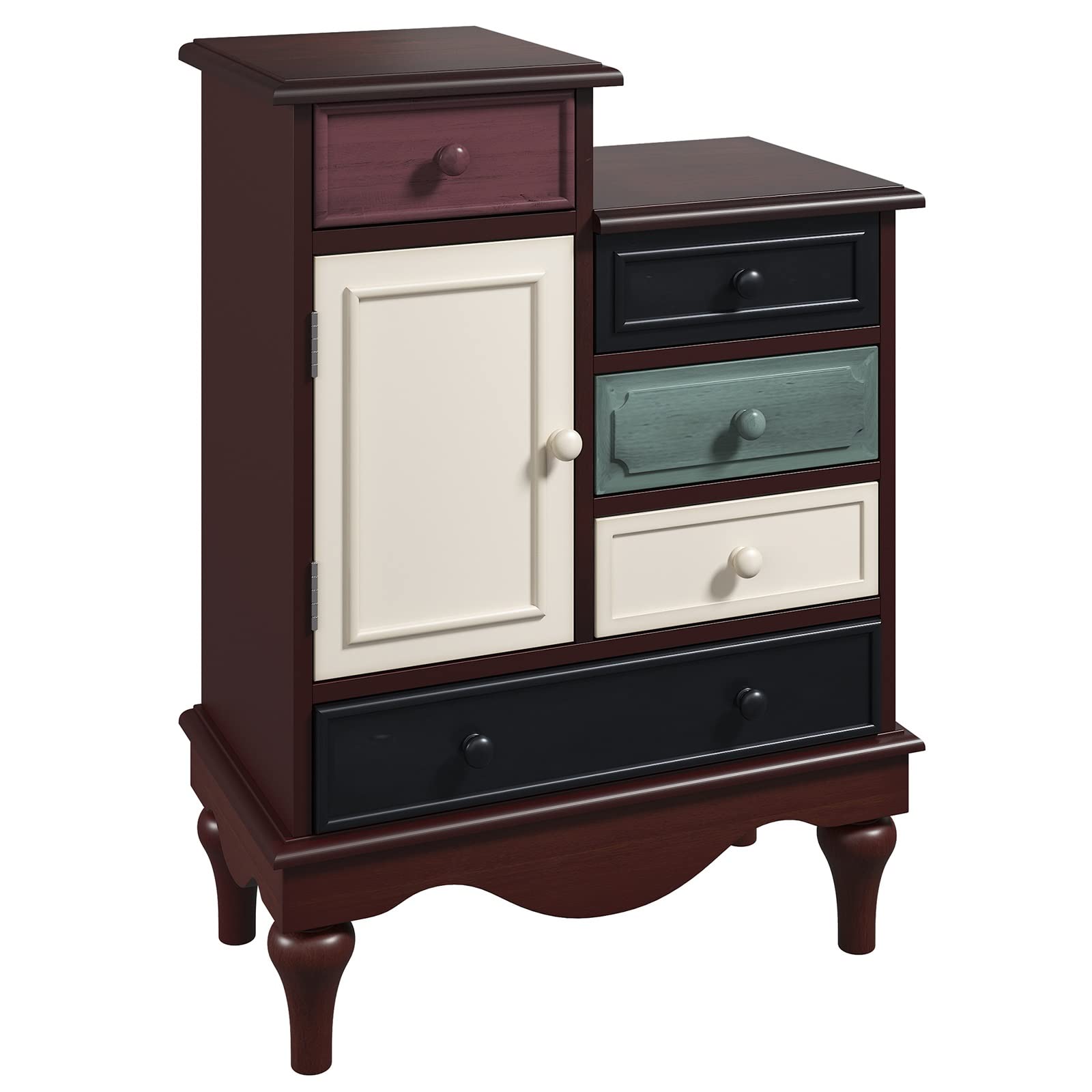 WHNB Retro Vintage Nightstand - Stylish 5-Drawer Bedside Table with Storage Cabinet for Bedroom & Living Room (Red) | Classic Home Decor for Small Spaces & Apartment Living