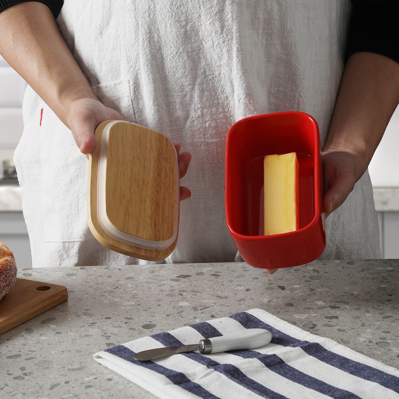 Premium Large Ceramic Butter Dish with Silicone Seal - Natural Wood Lid & Stainless Steel Butter Knife - Elegant Kitchen Decor & Practical Countertop Butter Keeper - Perfect Housewarming Gift (Red) - Ideal for Breakfast Tables, Bakeries & Farmhouse Kitchens