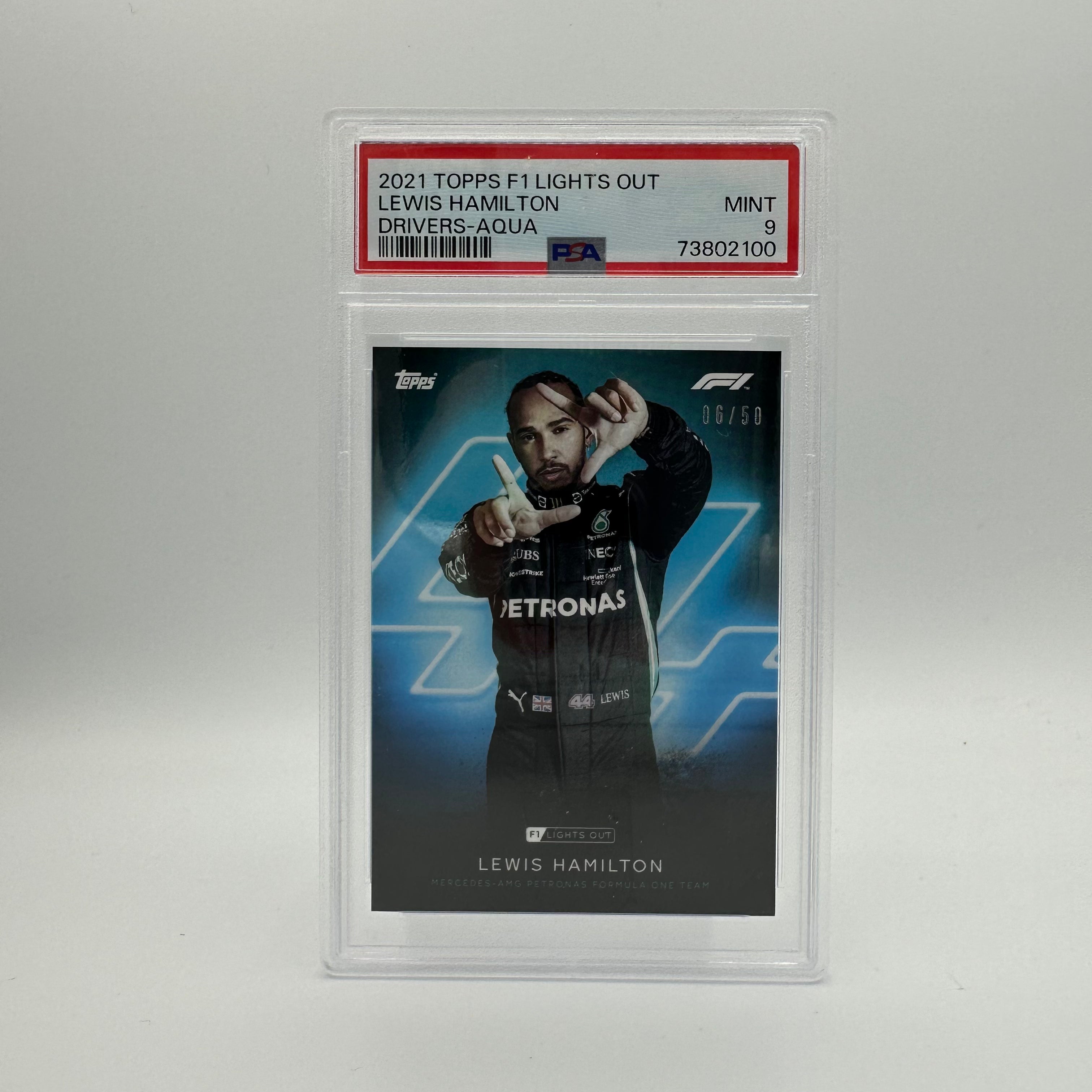 PSA 9 Graded 2006 Lewis Hamilton 50th Anniversary Aqua Racing Driver Card - Perfect for Collectors, Fans, and Sports Memorabilia Enthusiasts