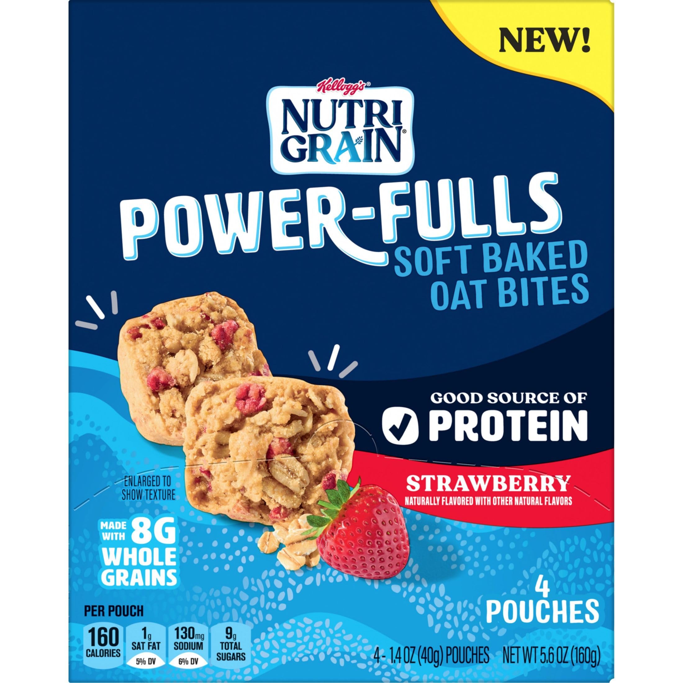 Nutri-Grain Power-Fulls Soft Baked Oat Bites - High Protein Snacks, Whole Grain Strawberry Flavor (5 Boxes, 20 Pouches) - Perfect for On-the-Go Breakfast, Office Snacks & Post-Workout Energy Boost