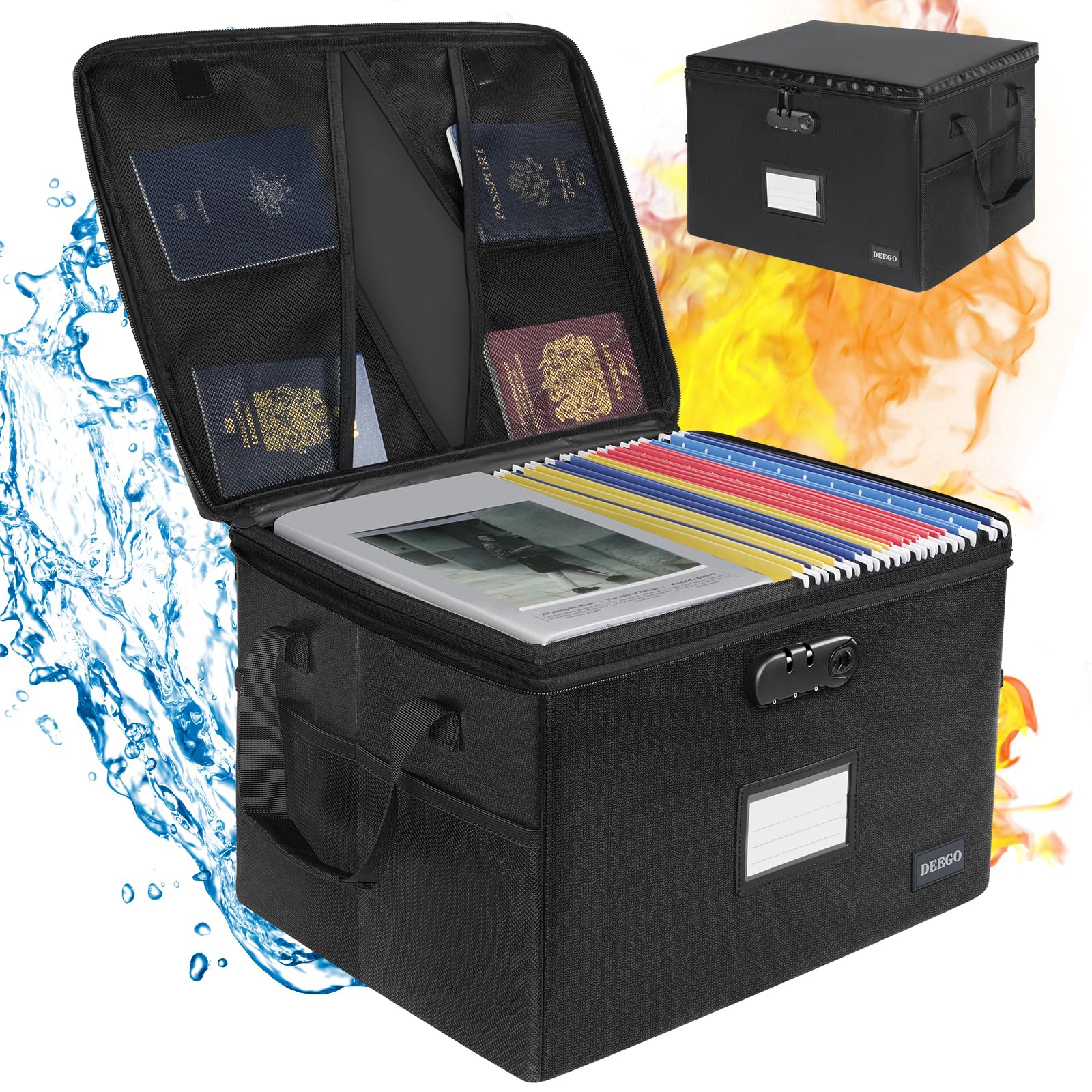 Fireproof and Waterproof Document Storage Box with Lock - Portable Collapsible File Organizer for Home & Office - Secure Hanging Letter/Legal Folder Storage - Ideal for Important Documents, Certificates, and Office Files (Black)