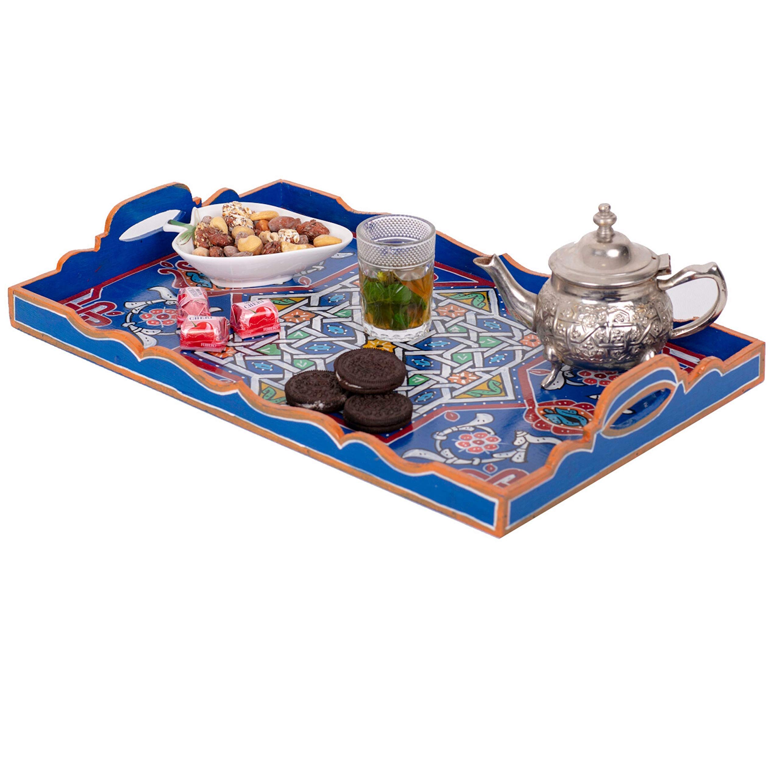 Hand Painted Moroccan White Decorative Serving Tray - Waterproof Acrylic Bohemian Arabesque Design (Blue) | Perfect for Home Decor, Coffee Table Centerpiece & Gift Giving