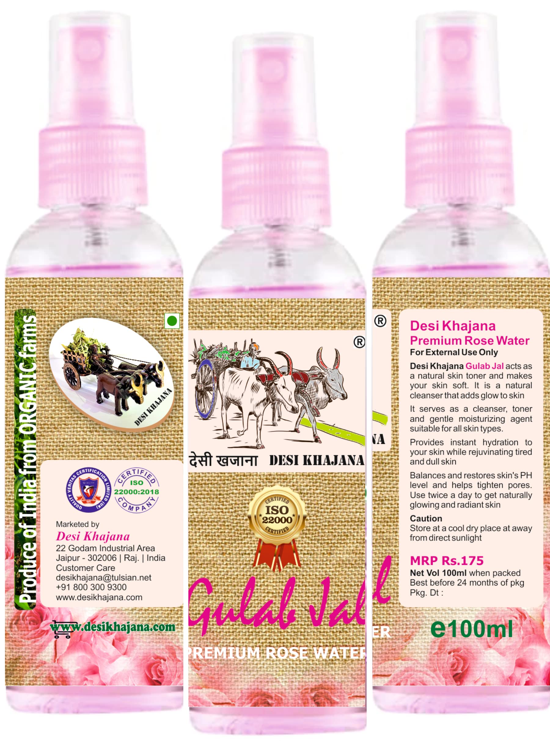 Desi Khajana Pure & Natural Rose Water Mist Spray - 100ml (Set of 3) | Steam Distilled Organic Rosewater from India | Skin Toner, Face Hydration & Eye Wash | Perfect for Skincare Routine, Aromatherapy & Home Spa