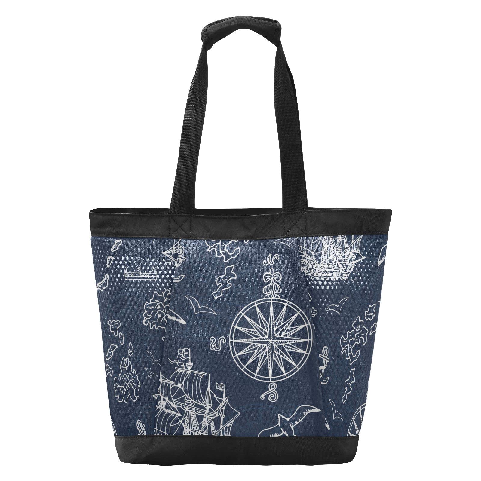 J JOYSAY Marine Nautical Ships Compass Mesh Beach Tote Bag - Large Waterproof Beach Bag for Women, Travel, Shopping & Gym - Perfect for Pool, Beach, Sports & Outdoor Activities