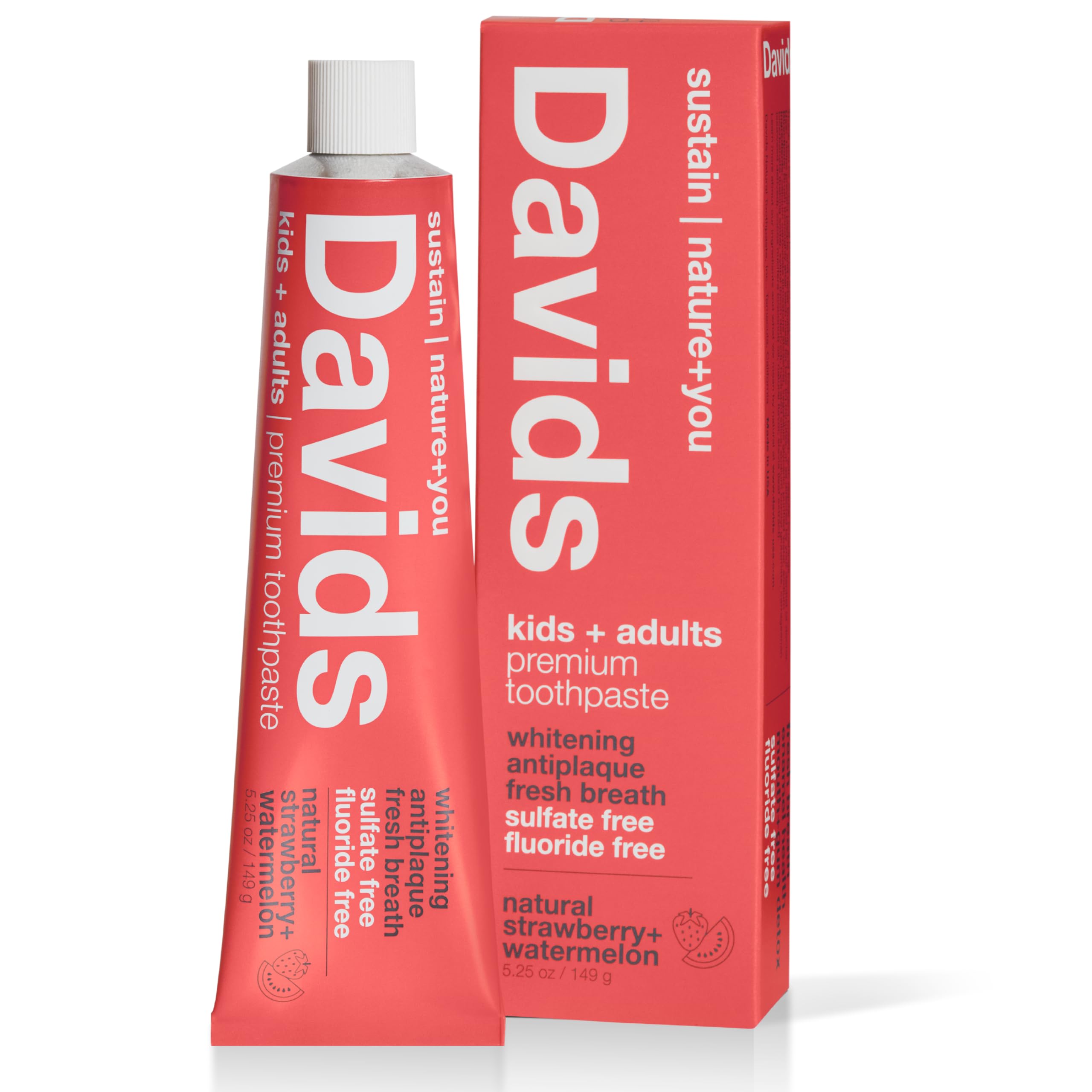**Davids Fluoride-Free Natural Toothpaste for Kids & Adults - Teeth Whitening, Antiplaque, SLS-Free, Enamel Protection, Gum Detox - Strawberry Watermelon Flavor (5.25oz) - Ideal for Daily Oral Care & Fresh Breath**