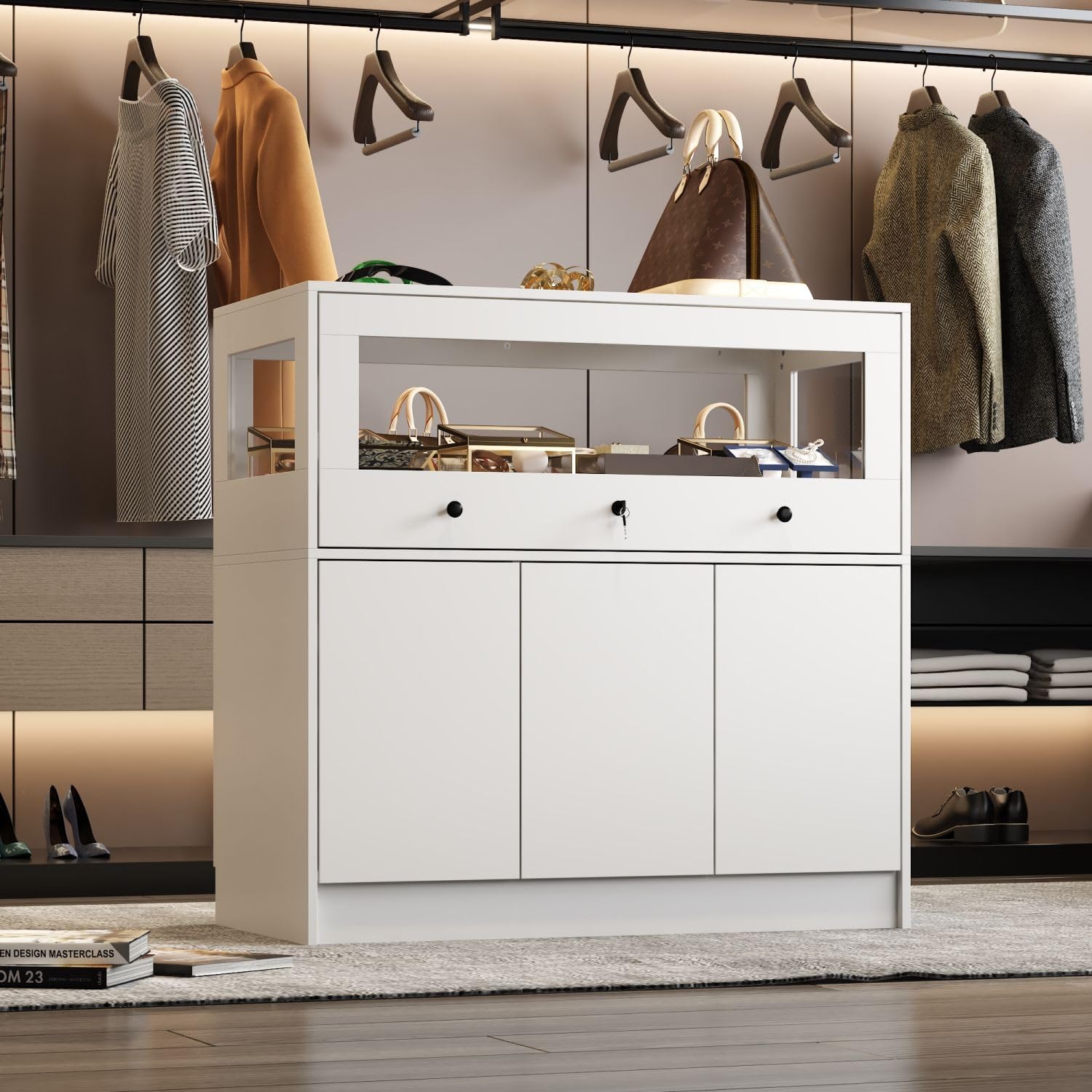White Modern Armoire Wardrobe with Glass Drawer & 3 Doors - 39.3