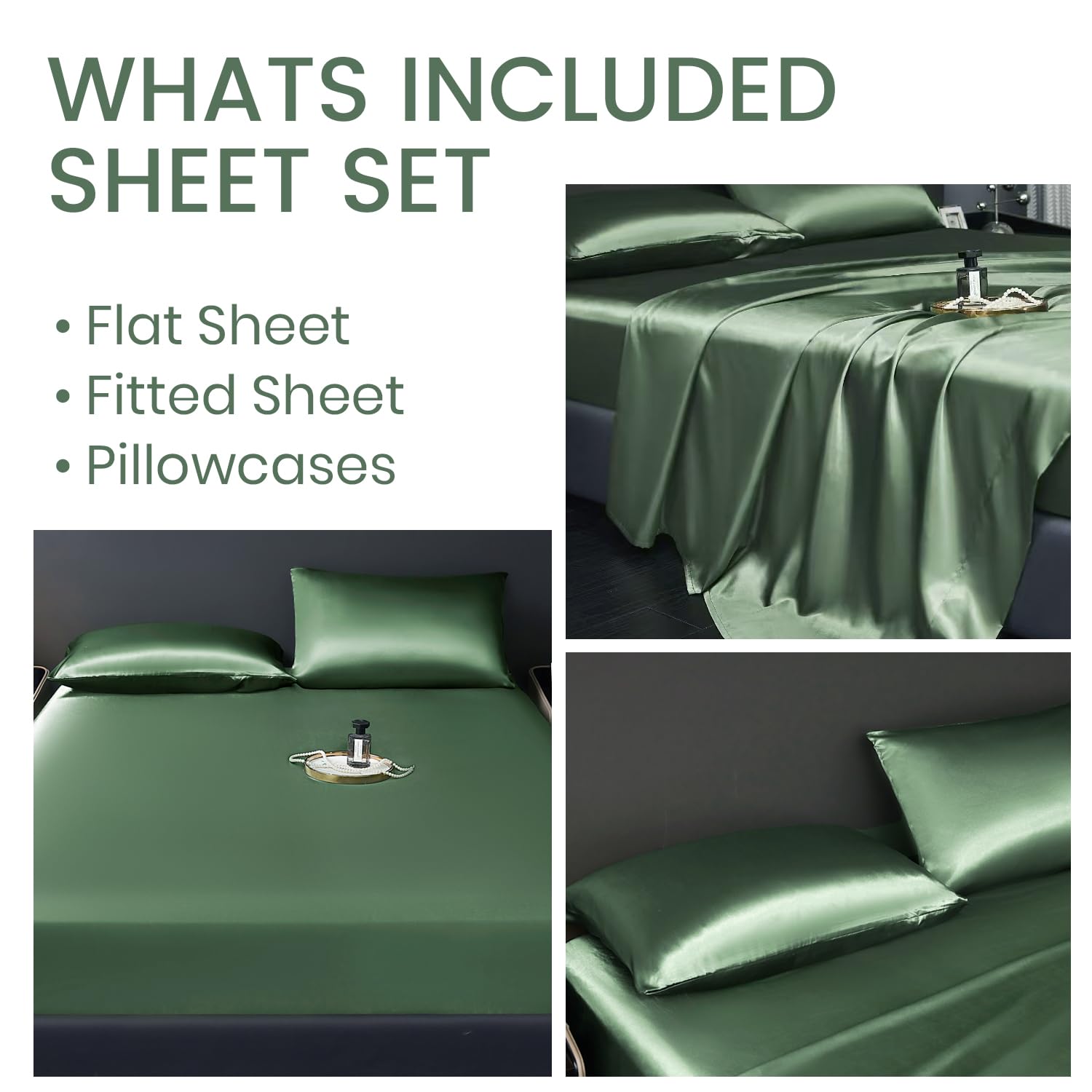 Revdomfly 4-Piece Queen Size Luxury Silky Soft Emerald Green Satin Sheet Set - 1 Deep Pocket Fitted Sheet (16
