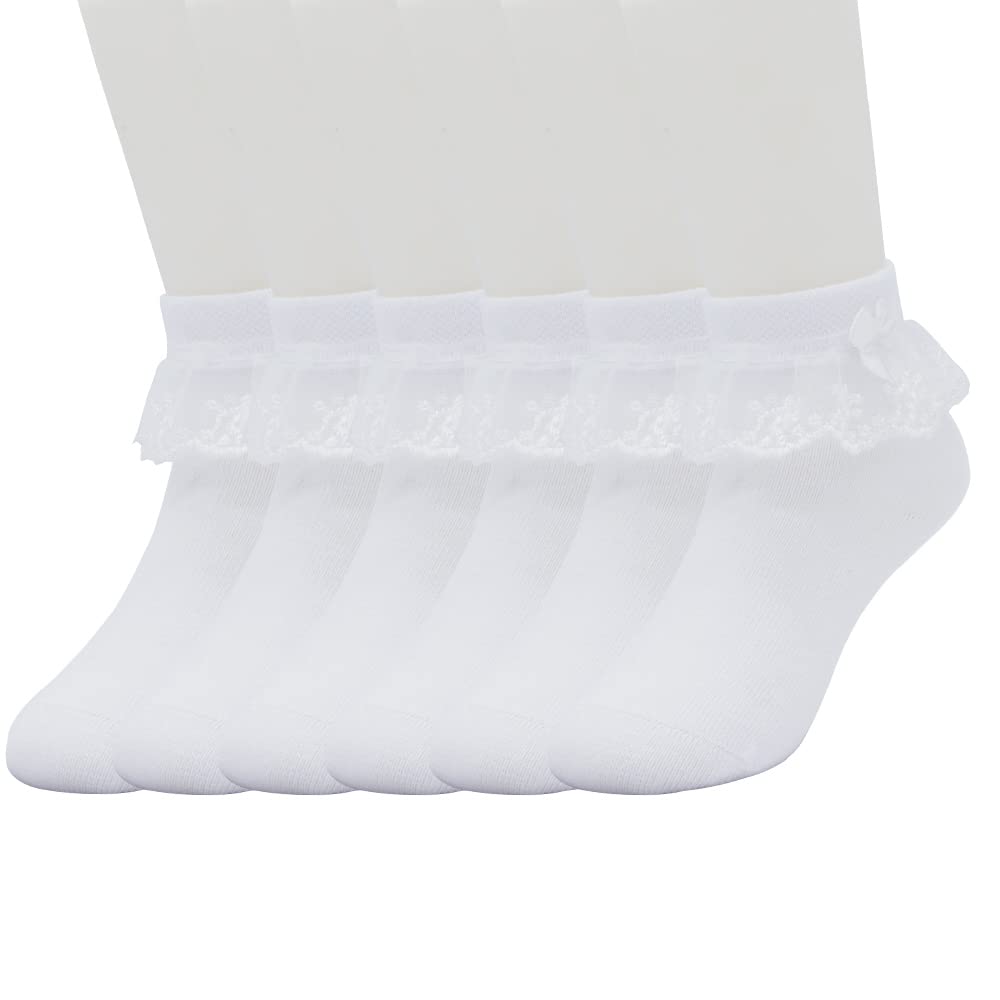 Girls Ruffle School Socks - White Cotton Ankle Socks with Frilly Lace Trim & Bows for Kids Ages 3-16 | Comfortable Everyday Wear for School, Play & Dress Up