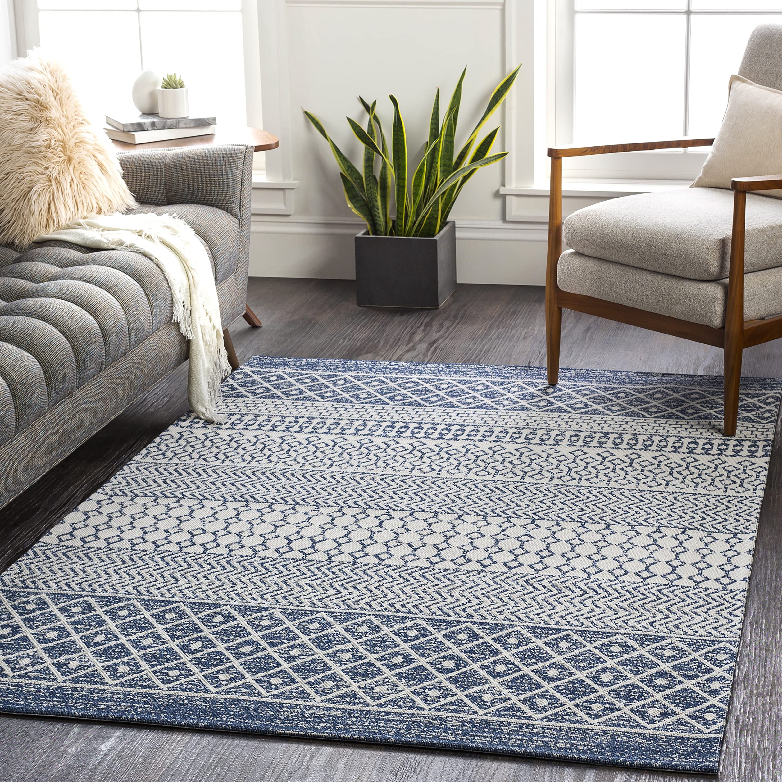 Mark&Day 5x7 Aigle Global Denim Area Rug - Blue Grey Washable Carpet for Living Room, Bedroom, Kitchen (5'3