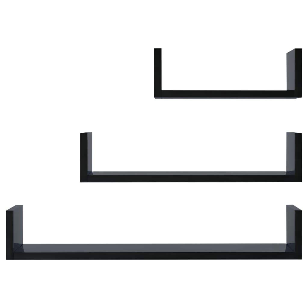 3-Piece Wall Display Shelf Set - Floating Wall Mounted Shelves for Storage - High Gloss Black Chipboard - Perfect for Bedroom, Living Room, Bathroom, Kitchen & Office Organization