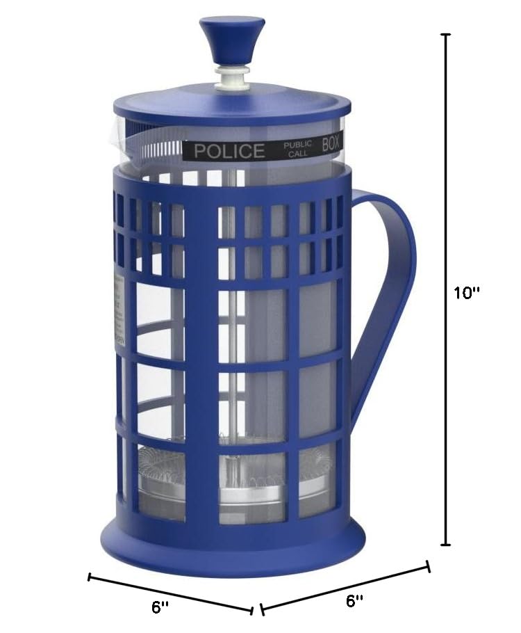 Doctor Who 34oz Tardis French Press Coffee Maker - Glass Carafe with Plunger & Filter - Perfect for Sci-Fi Fans & Home Brewing