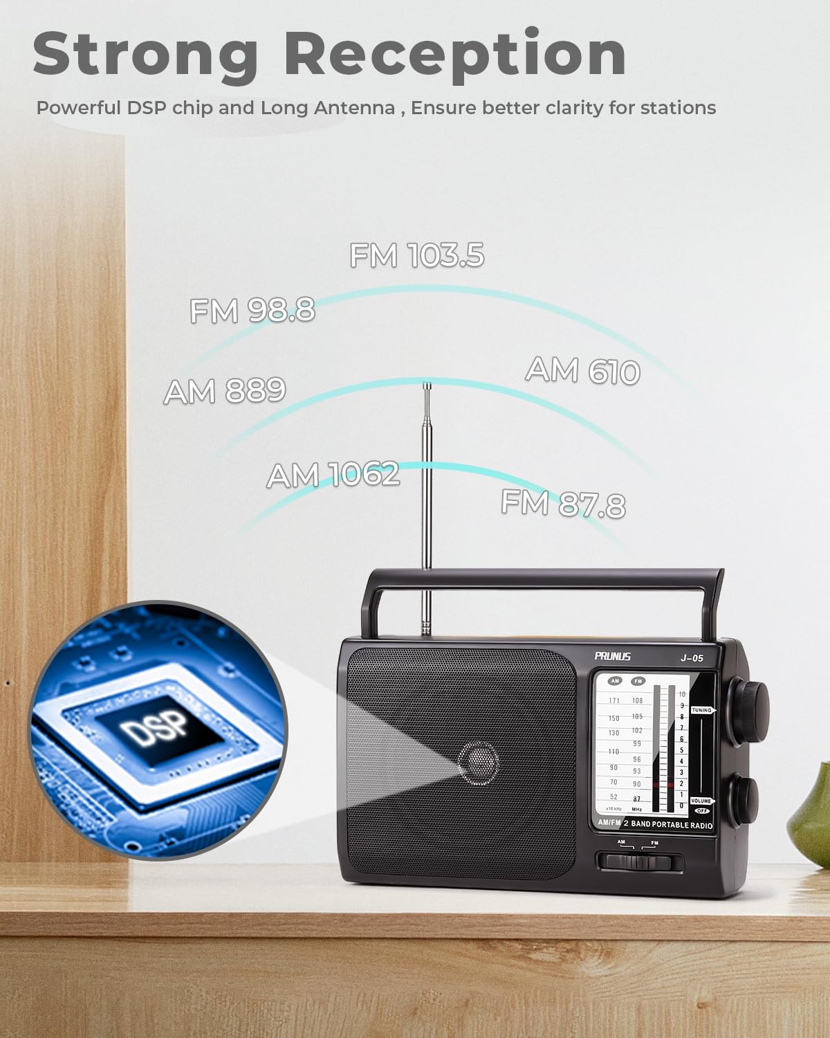 PRUNUS J-05 Portable AM/FM Radio with Strong Reception - Battery Operated (3 D Cell) or AC Power - Compact Transistor Radio for Home, Office, Emergency & Outdoor Use - Black