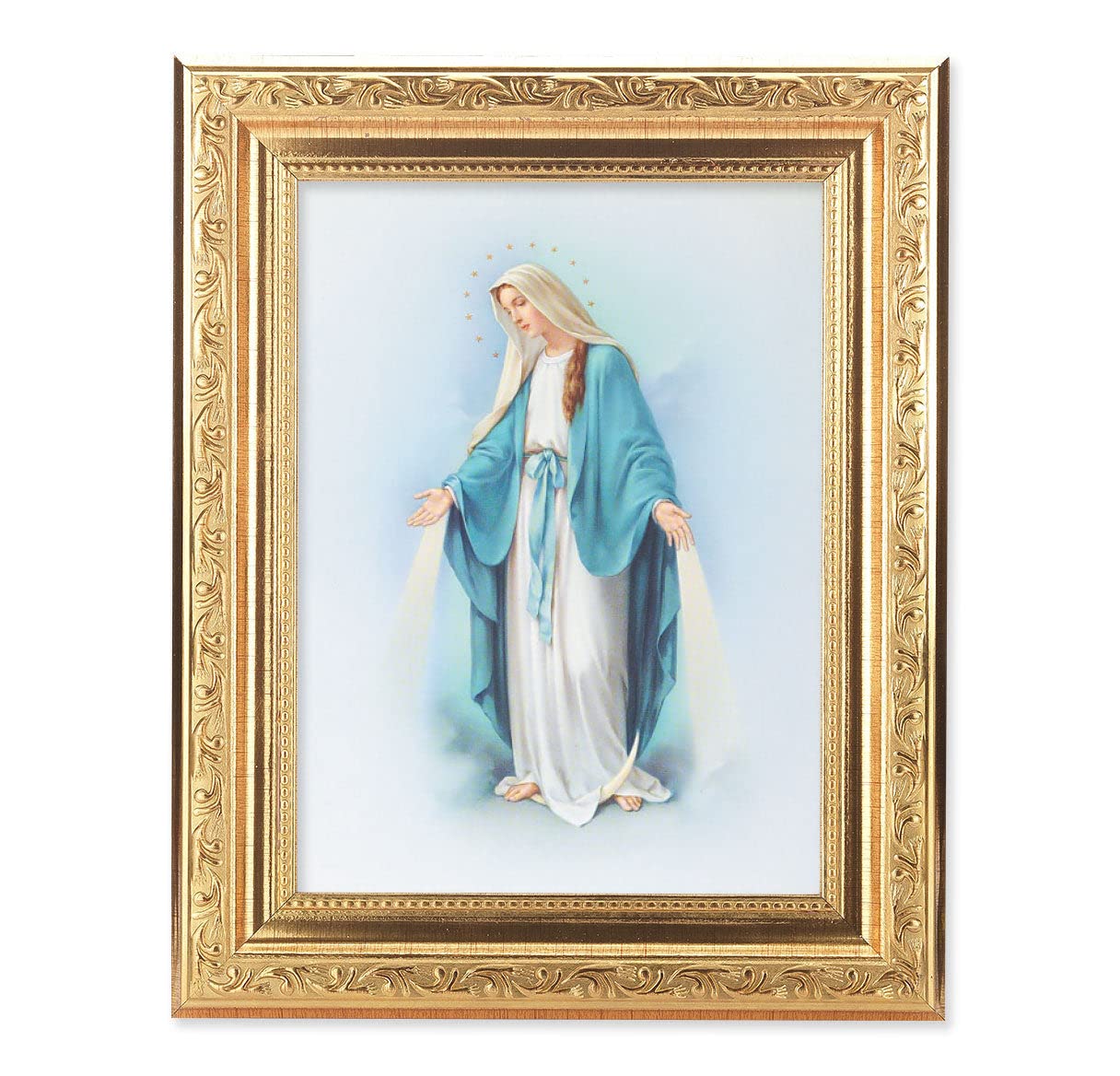 Our Lady of Grace Framed Wall Art - Gold Leaf Antique Finish with Acanthus Leaf Detail - Religious Home Decor for Living Room, Bedroom & Prayer Space