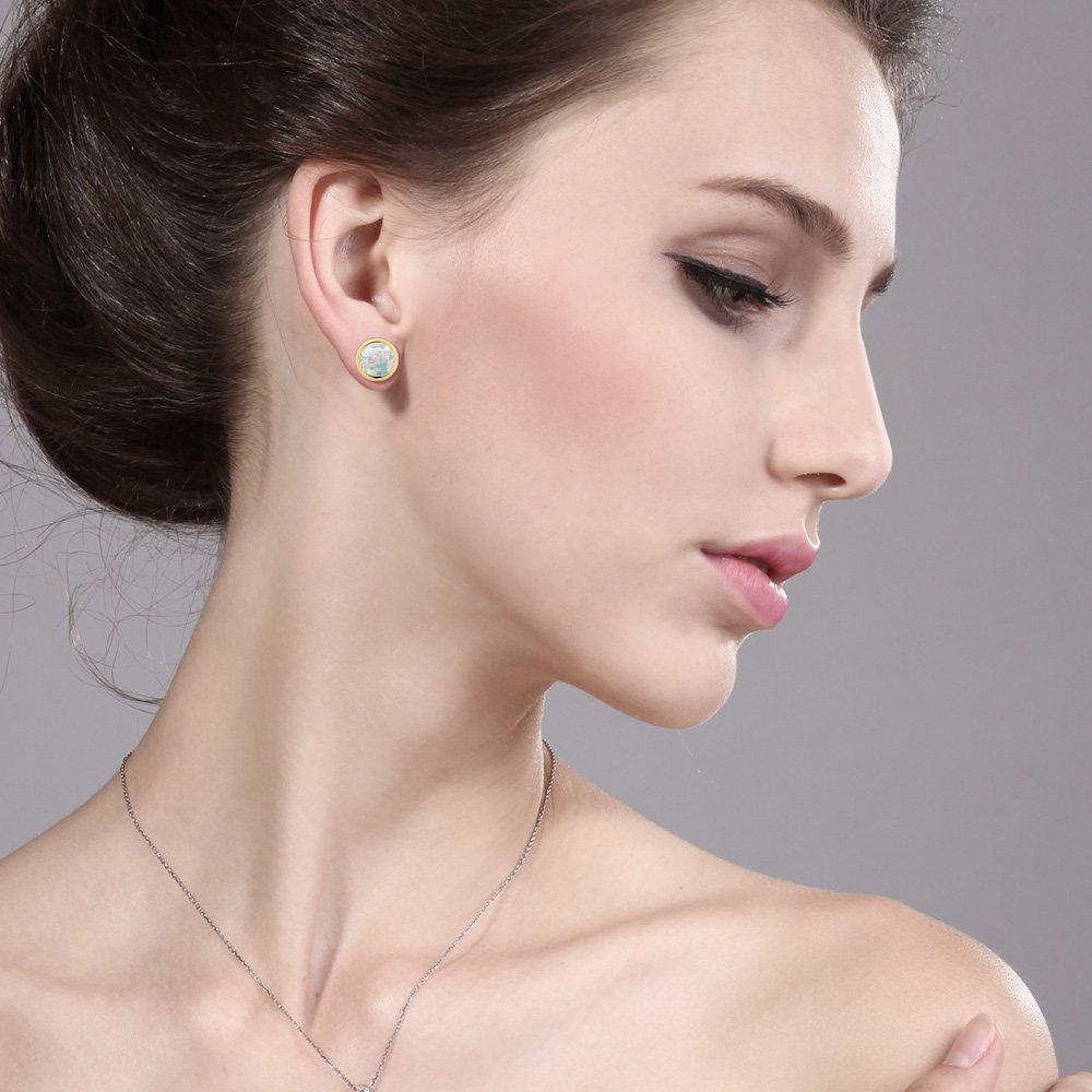 1.30 Ct Round White Simulated Opal 14K Yellow Gold Stud Earrings for Women & Men – Gem Stone King | 6mm Cabochon | Elegant Jewelry for Parties, Weddings & Everyday Wear