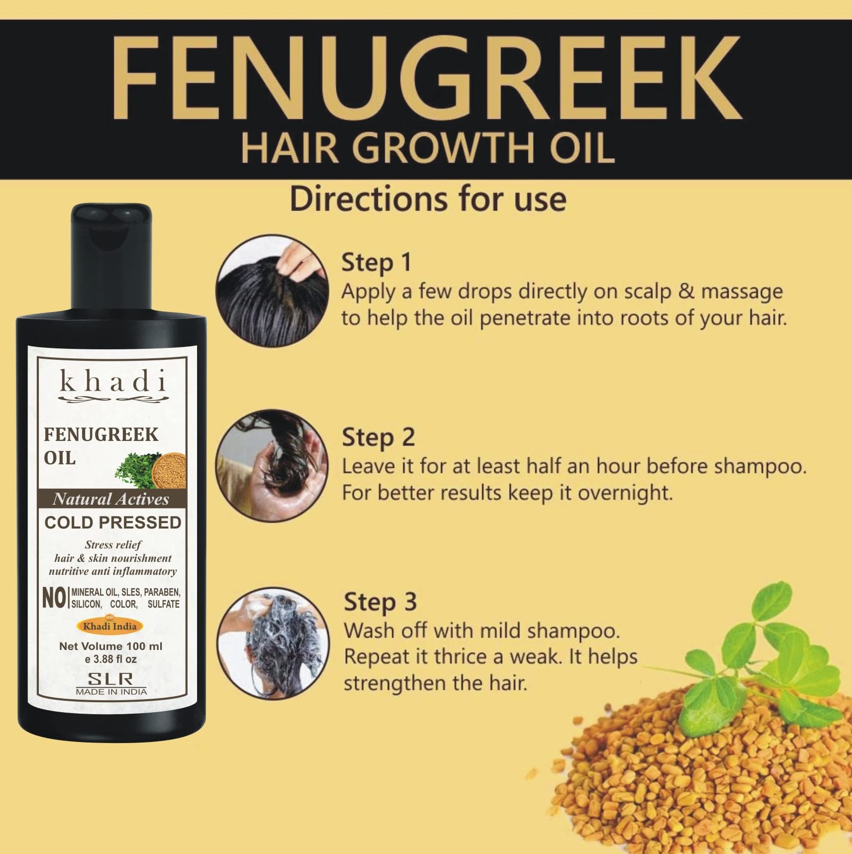 SLR Khadi Fenugreek Oil 100ml - 100% Pure Cold Pressed Hair Growth Oil for Dry Scalp & Hair Loss Treatment | Ayurvedic Body Massage Oil for Skin Care & Relaxation | Perfect for Daily Hair Care Routine, Aromatherapy & Home Spa Treatments