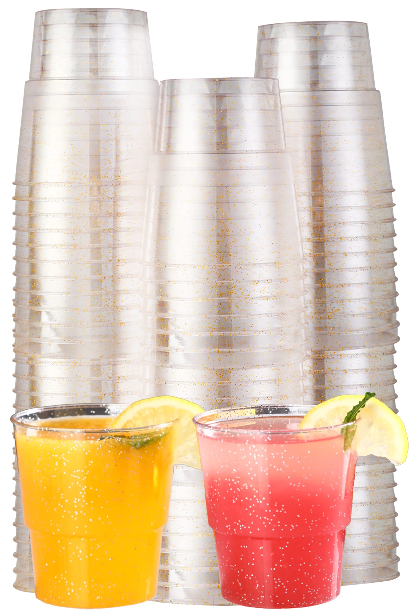 YUESING 100 Pack 8.8 Ounce Disposable Plastic Wine Glasses - Gold Glitter Plastic Tumblers Cups for Wedding, Thanksgiving, Christmas Party, Birthday, Bridal Shower & Holiday Celebrations - Perfect for Cocktails, Champagne, Juice & Beverages