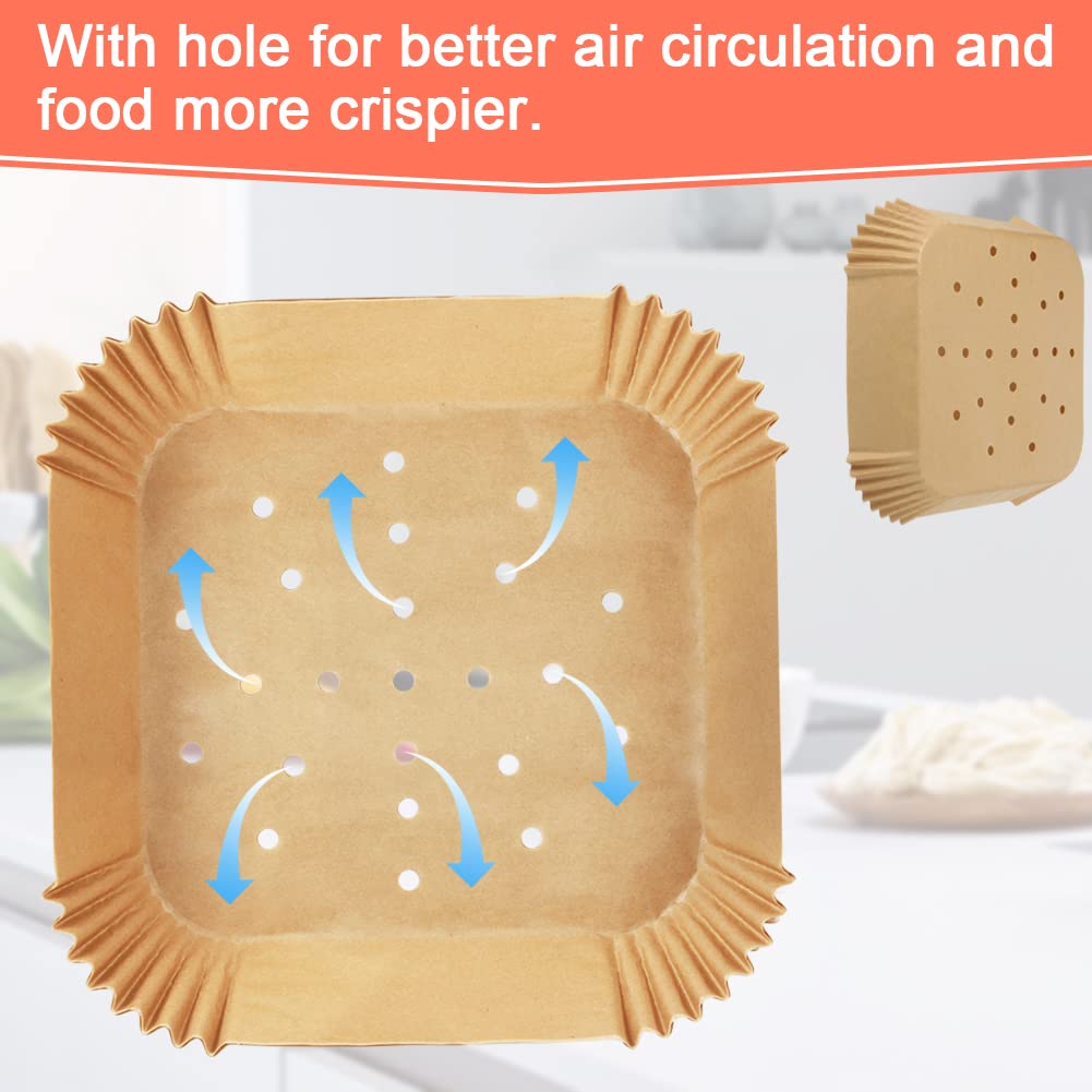 BYKITCHEN 100-Pack 8 Inch Square Air Fryer Liners for 2-5 Quart Baskets - Perforated Parchment Paper Sheets Compatible with Cosori, Instant Vortex, Dash & More - Perfect for Frying, Baking & Reheating