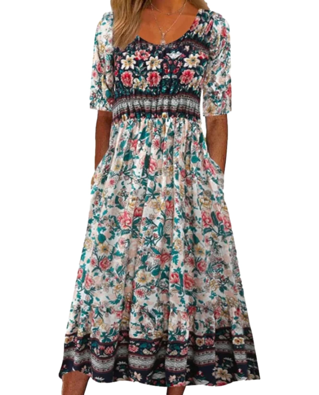 Boho Floral Maxi Dress for Women - Casual Loose Summer Short Sleeve Beach Vacation Dress with Pockets | Perfect for Beach Getaways, Music Festivals & Summer Outings