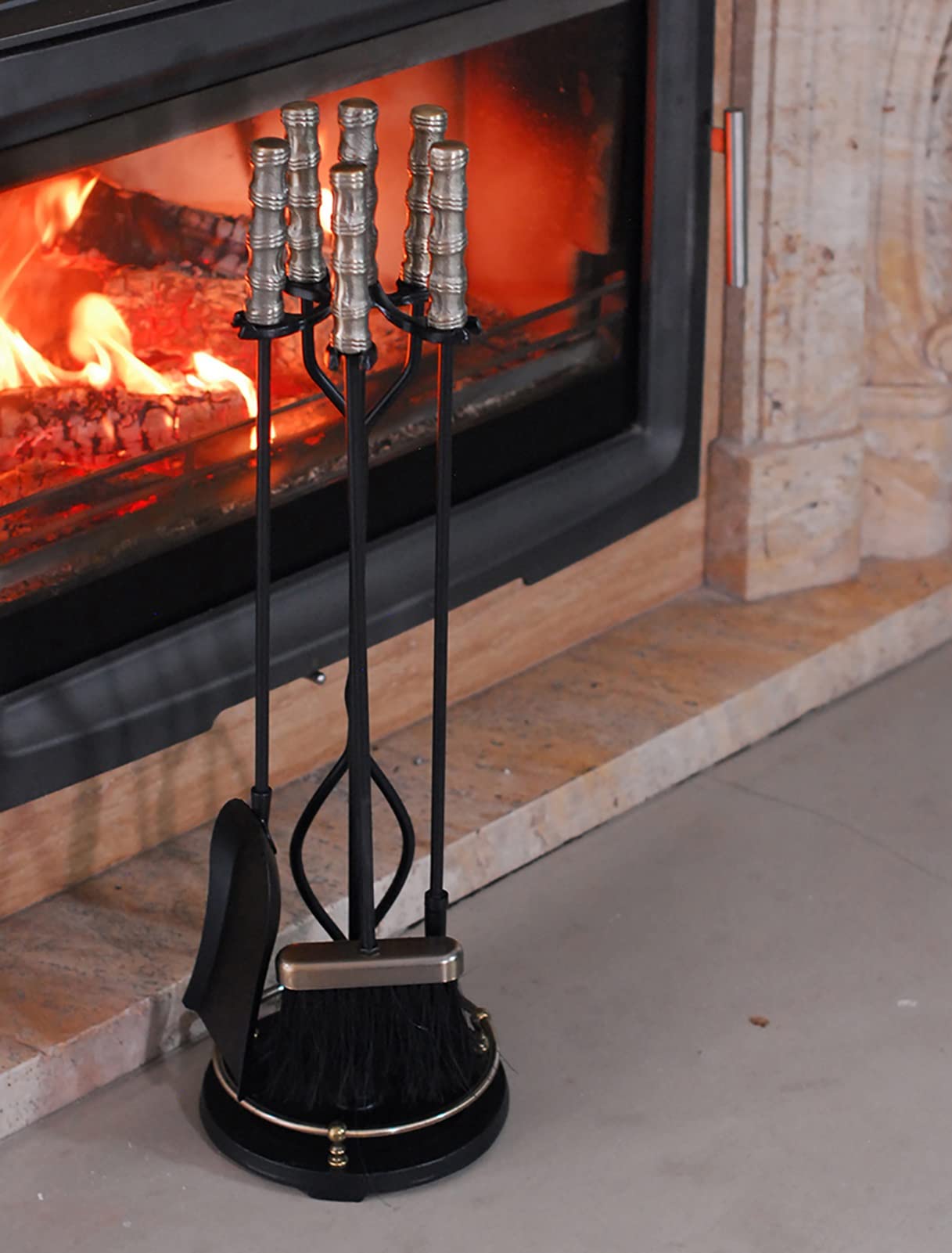 Premium MTSON 5-Piece Rustic Fireplace Tool Set with Brass Handles - Cast Iron Fireplace Accessories, Standing Design & Easy Assembly for Indoor/Outdoor Fire Pits, Fireplaces & Wood Stoves