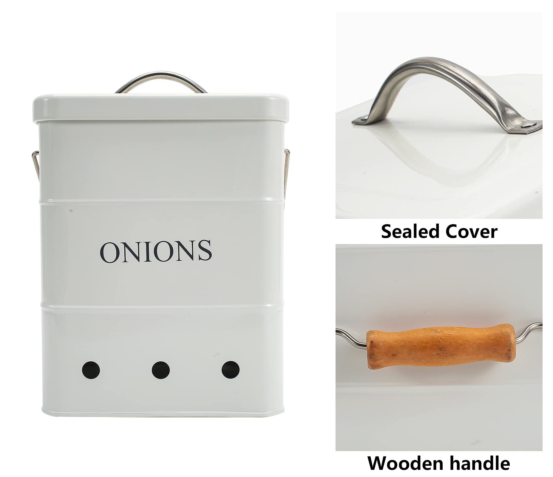 Metal Onion Storage Bin with Aerating Holes - Kitchen Pantry Organizer for Fresh Vegetables (White)