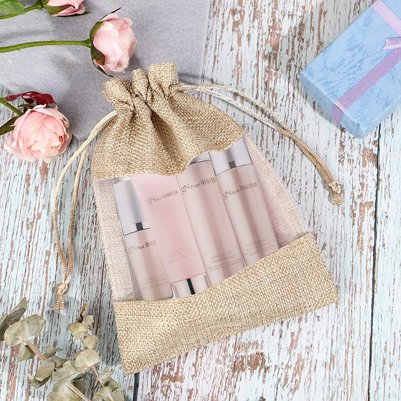 XMSound 50 Pack 5x7 Inch Linen Burlap Drawstring Bags - Sheer Organza Gift Bags for Wedding Favors, Party Decor, Cosmetic Samples & DIY Crafts | Perfect for Bridal Showers, Baby Showers & Holiday Gift Packaging