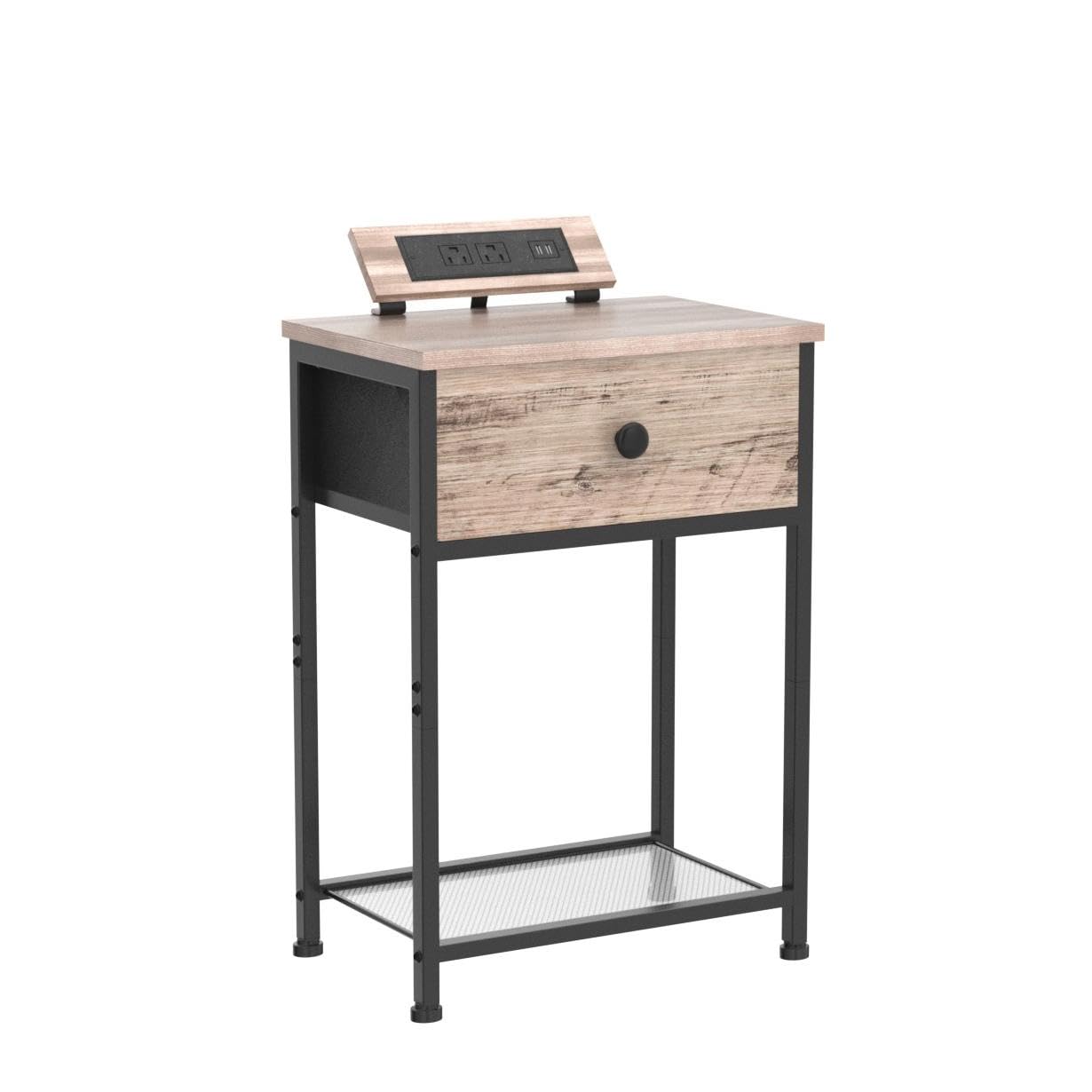 AMHANCIBLE Night Stand Set of 2 - Modern End Tables with USB Charging Station & Fabric Storage Drawer - Slim Bedside Tables for Small Spaces - Greige (HET03SDPGY) - Perfect for Bedroom, Living Room & Apartment Decor