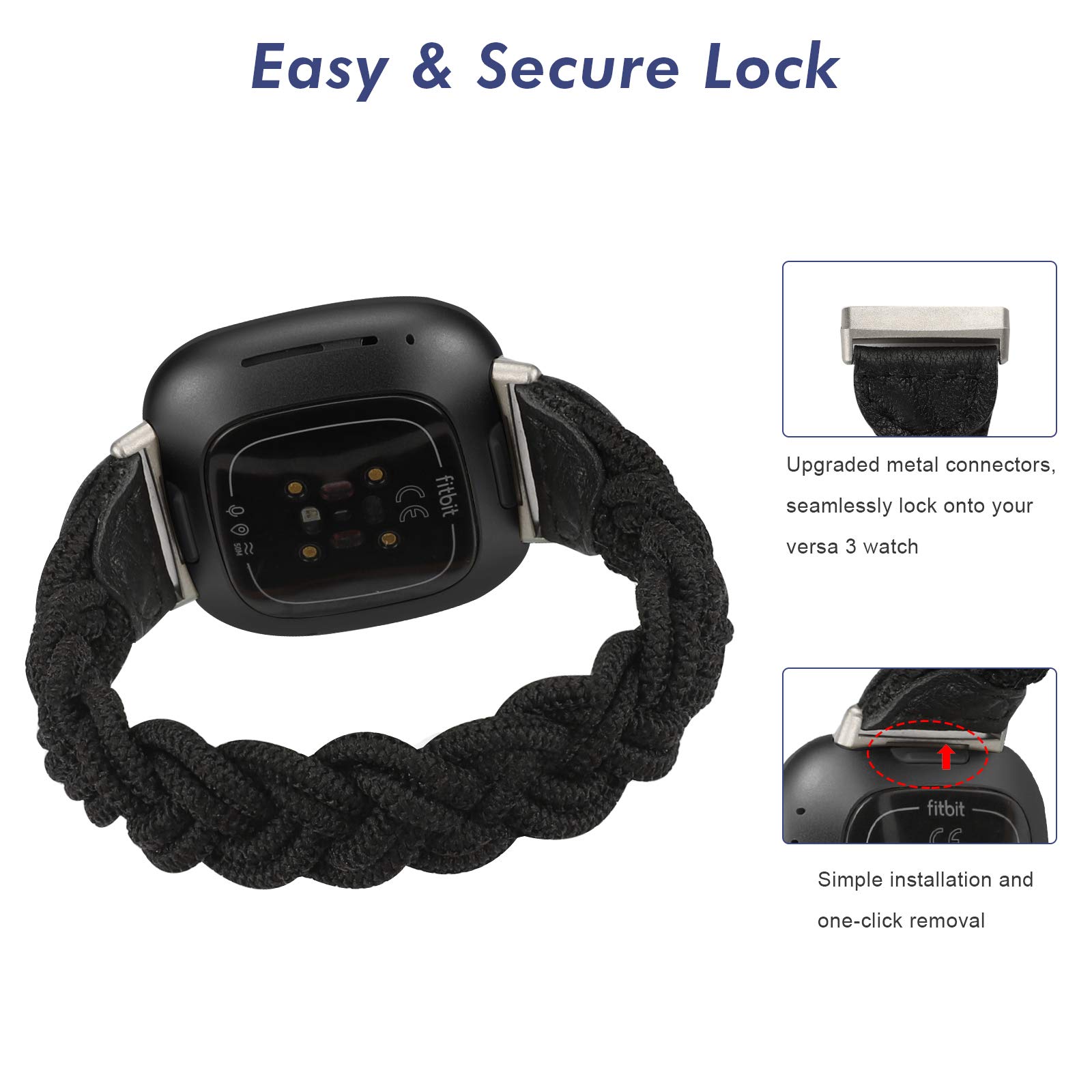 Wearlizer Elastic Braided Solo Loop Band for Fitbit Sense/Sense 2/Versa 3/Versa 4 - Slim Stretchy Woven Wristband Accessory for Women (Black, XS) - Perfect for Workouts, Running & Everyday Wear