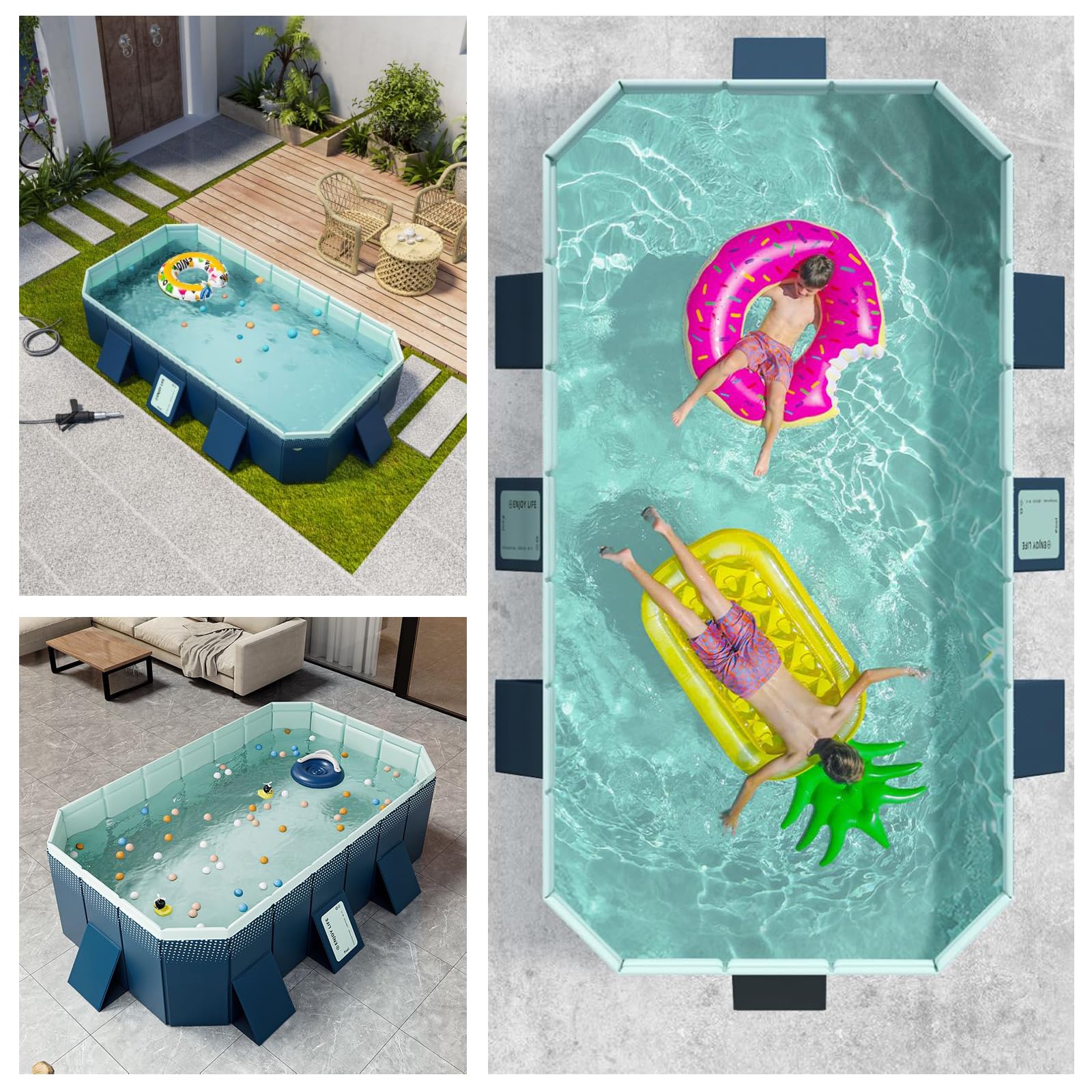 Foldable Non-Inflatable Hard Plastic Swimming Pool for Adults & Family - Collapsible Rectangle Outdoor Backyard Pool, Portable Pet Dog Bathing Tub (Dark Blue, 295cm) - Perfect for Summer Relaxation, Kids Playtime & Pet Cooling
