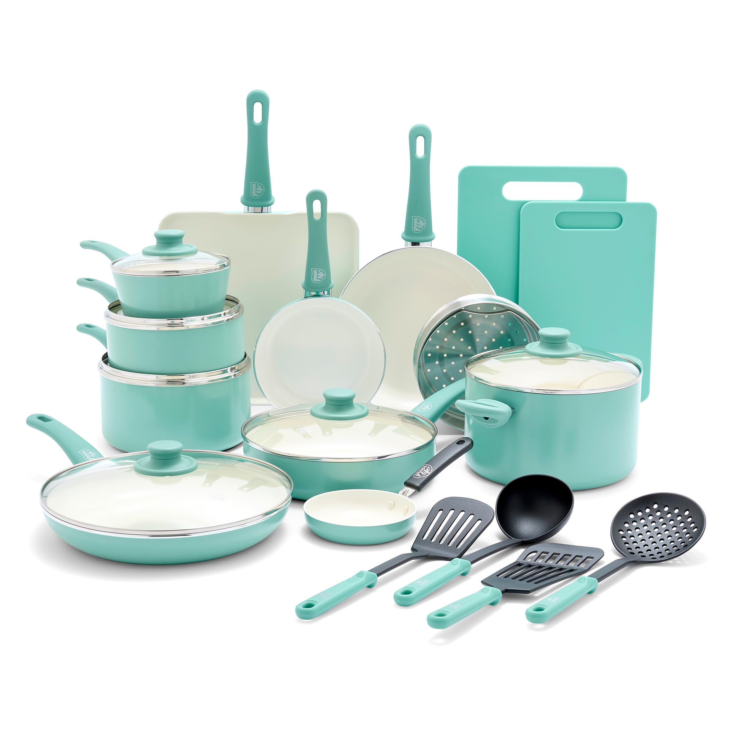 GreenLife Soft Grip 23-Piece Non-Toxic Ceramic Cookware Set - PFAS & PFOA Free Pots & Pans with Even Heat Distribution, Warp Resistant, Dishwasher & Oven Safe - Turquoise Kitchen Essentials for Healthy Cooking & Easy Cleanup | Perfect for Family Meals, Meal Prep & Everyday Cooking