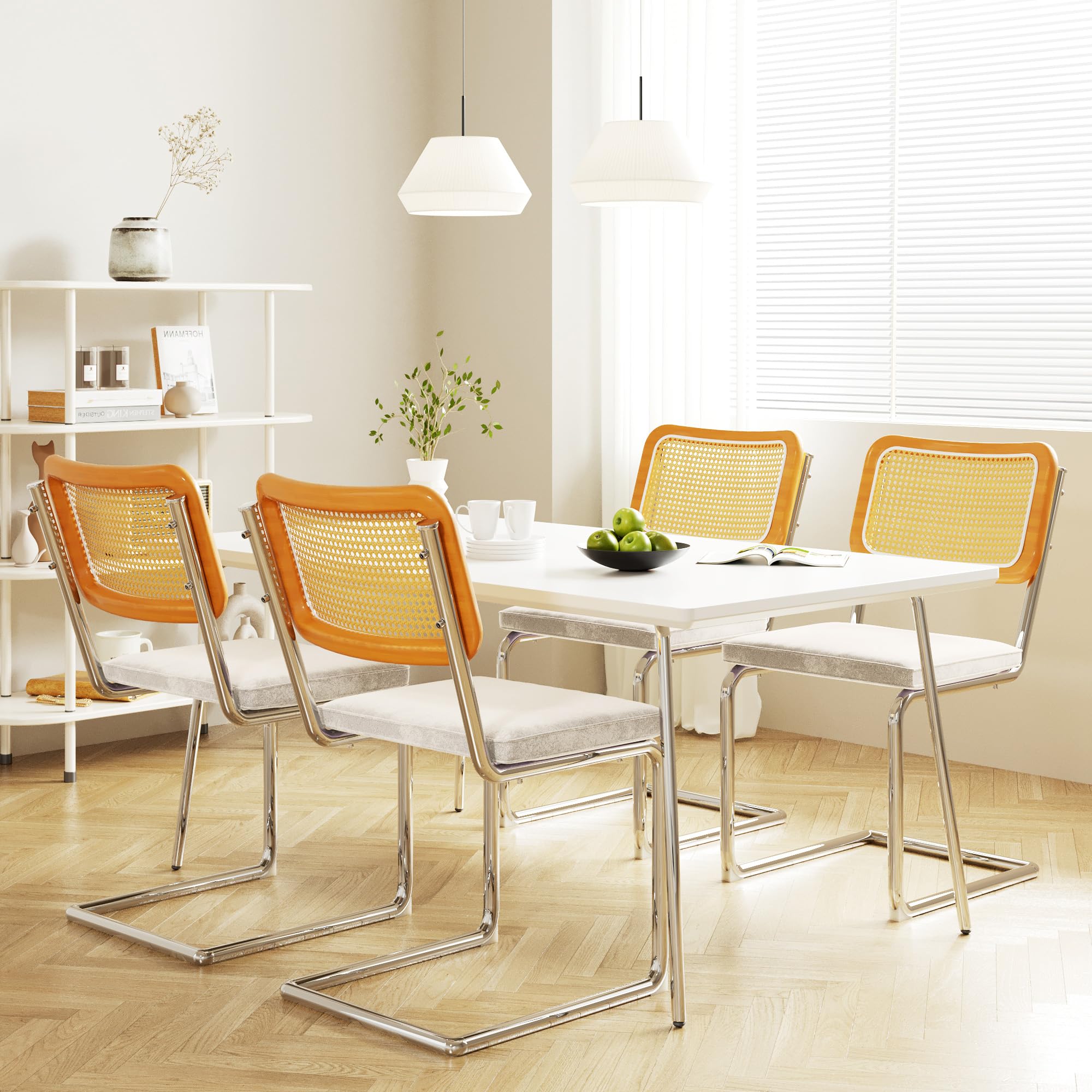 Mid Century Modern Dining Chairs Set of 4 - Velvet Upholstered Rattan Chairs with Chrome Metal Legs & Cushioned Seats - Beige Kitchen, Dining Room, Living Room & Bedroom Accent Chairs for Home Decor