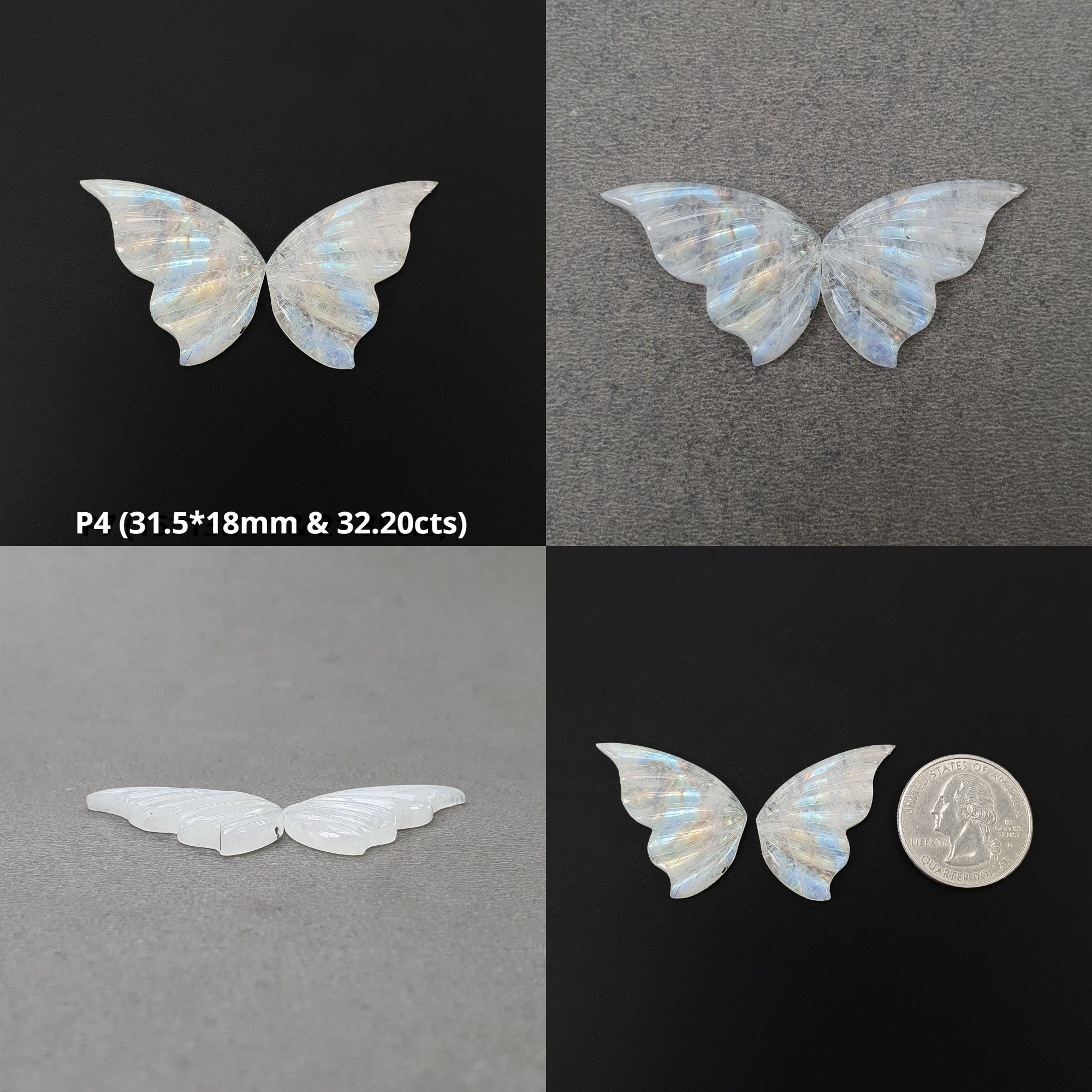 Natural Rainbow Moonstone Butterfly Carving Pair - Untreated & Unheated Gemstone Jewelry for Meditation, Healing & Spiritual Gifts