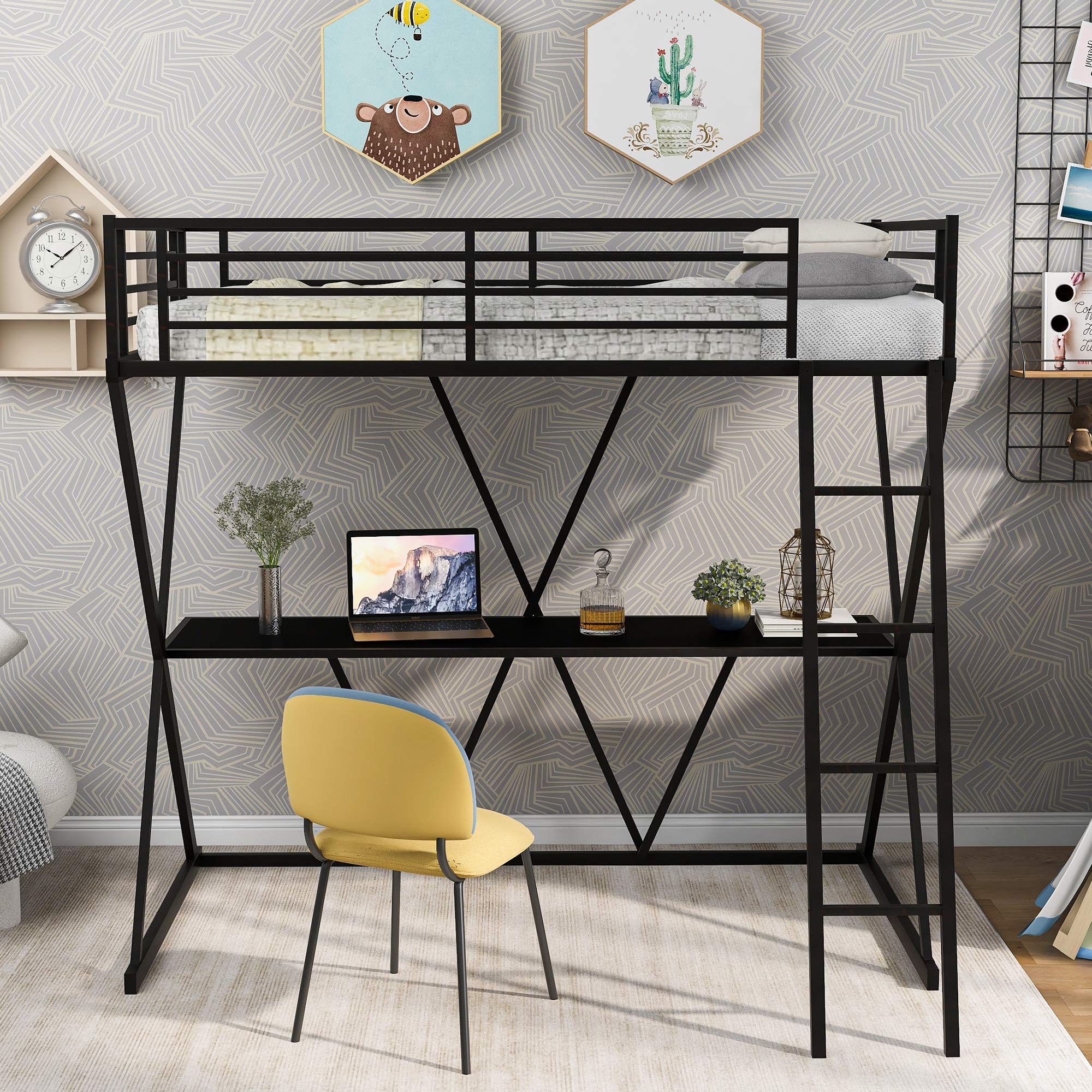 Autokola Metal Loft Bed with Under-Bed Desk - Twin Size X-Shaped Frame & Full-Length Guardrail - Fast 3-7 Day Delivery - Perfect for Small Bedrooms, Dorms & Studio Apartments