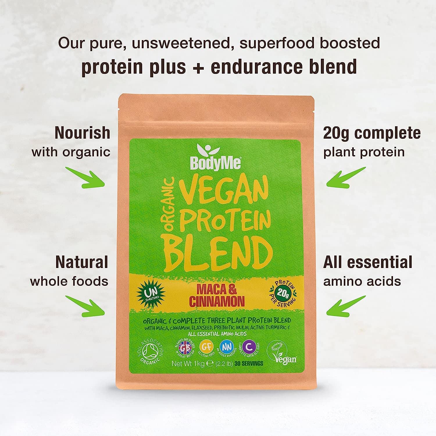 BodyMe Organic Vegan Protein Powder - Raw Cinnamon Flavor | 2.2lb (1kg) Plant-Based Protein Blend | Unsweetened with Pea, Rice & Hemp Proteins | Ideal for Smoothies, Baking & Post-Workout Recovery